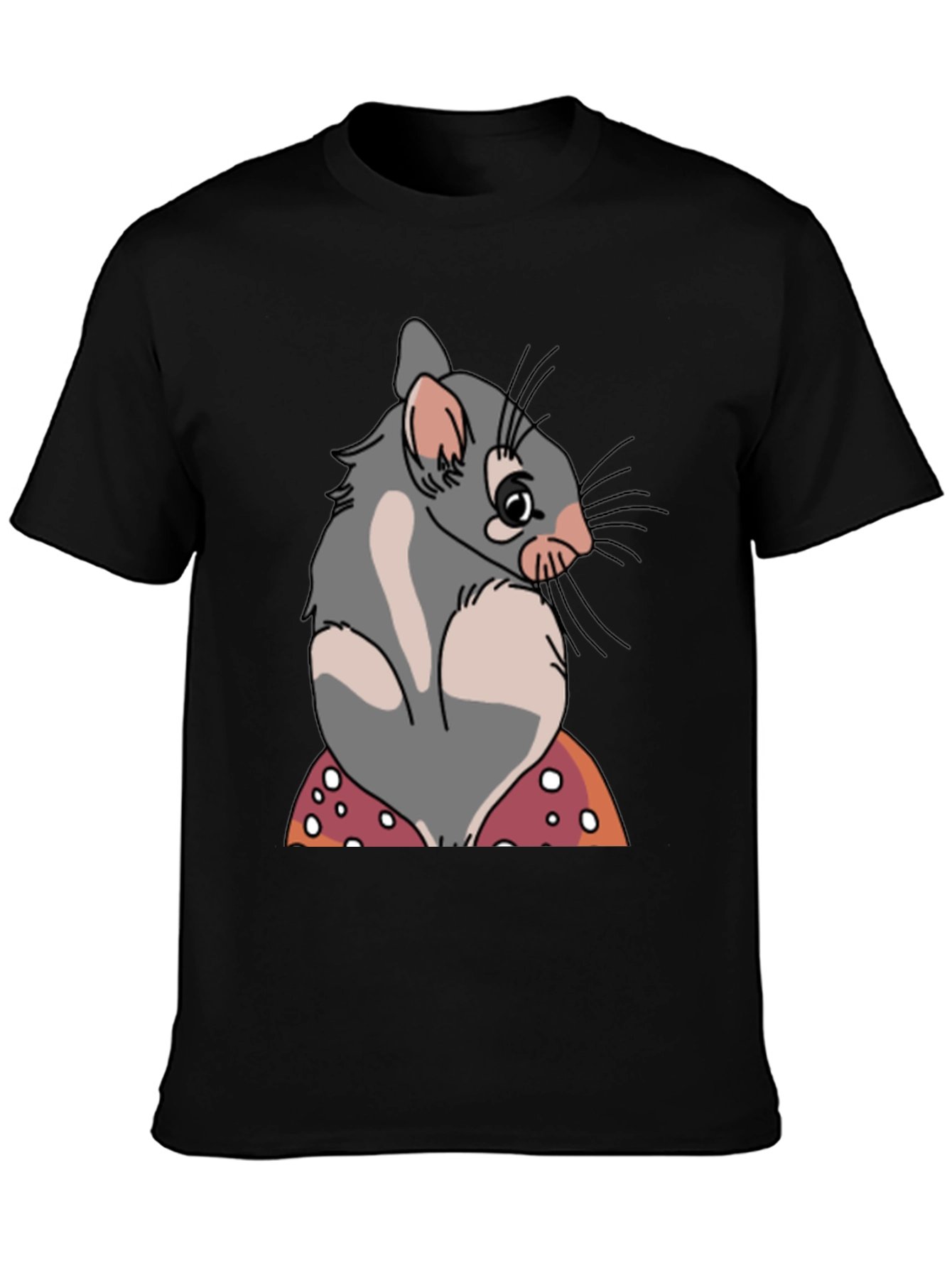 Cute Opossum Mushroom Graphic Tee - Black Cotton T-Shirt