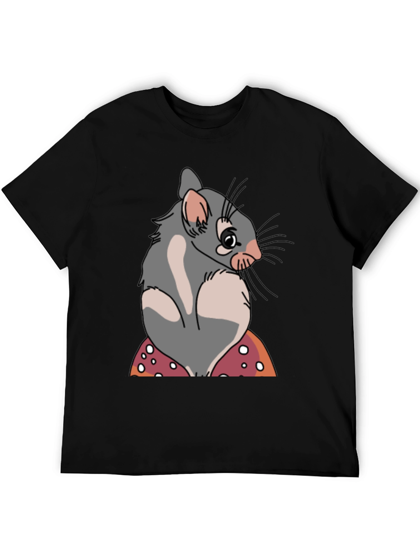 Cute Opossum Mushroom Graphic Tee - Black Cotton T-Shirt