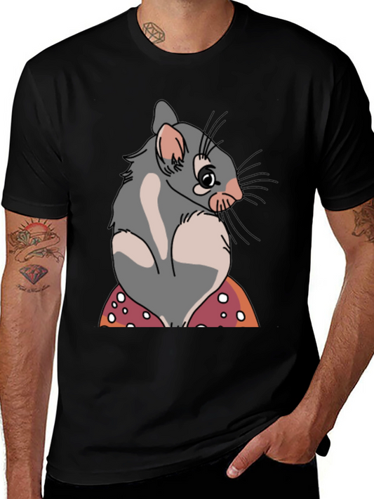 Cute Opossum Mushroom Graphic Tee - Black Cotton T-Shirt