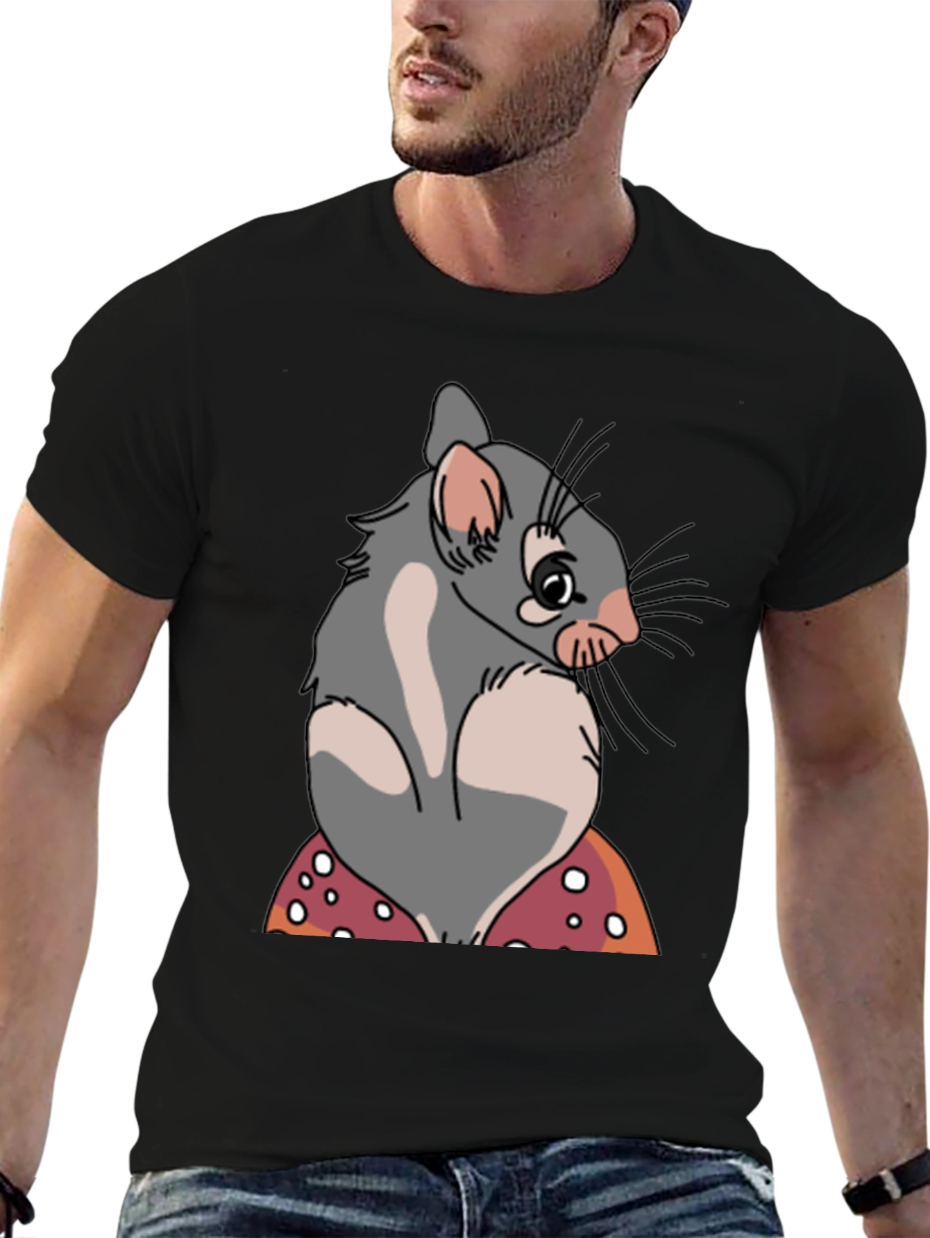 Cute Opossum Mushroom Graphic Tee - Black Cotton T-Shirt