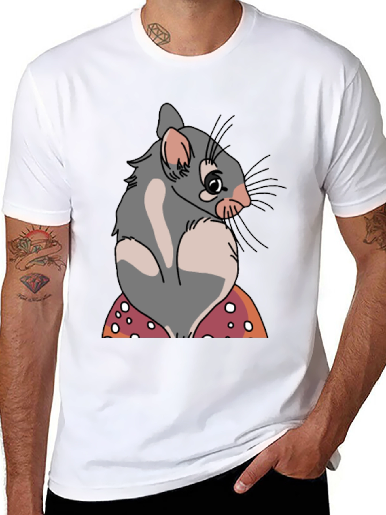Cute Opossum Mushroom Graphic Tee - Black Cotton T-Shirt