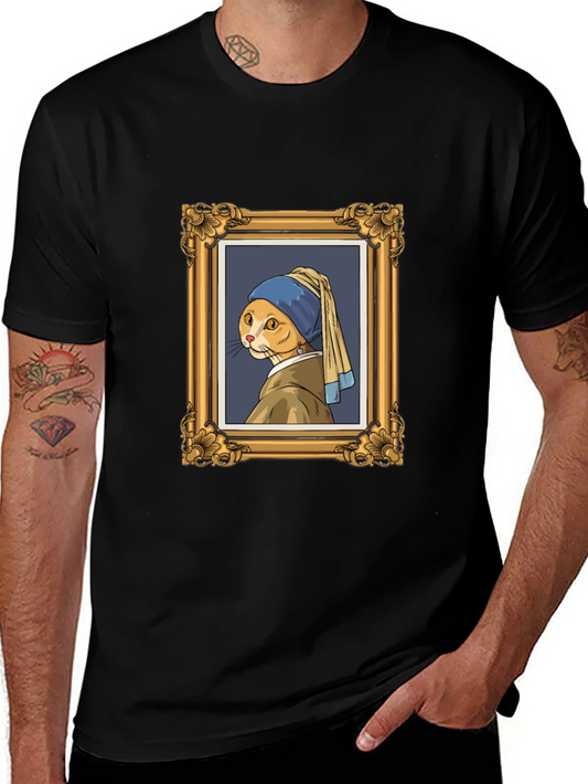 Cat with Pearl Earring Black T-Shirt