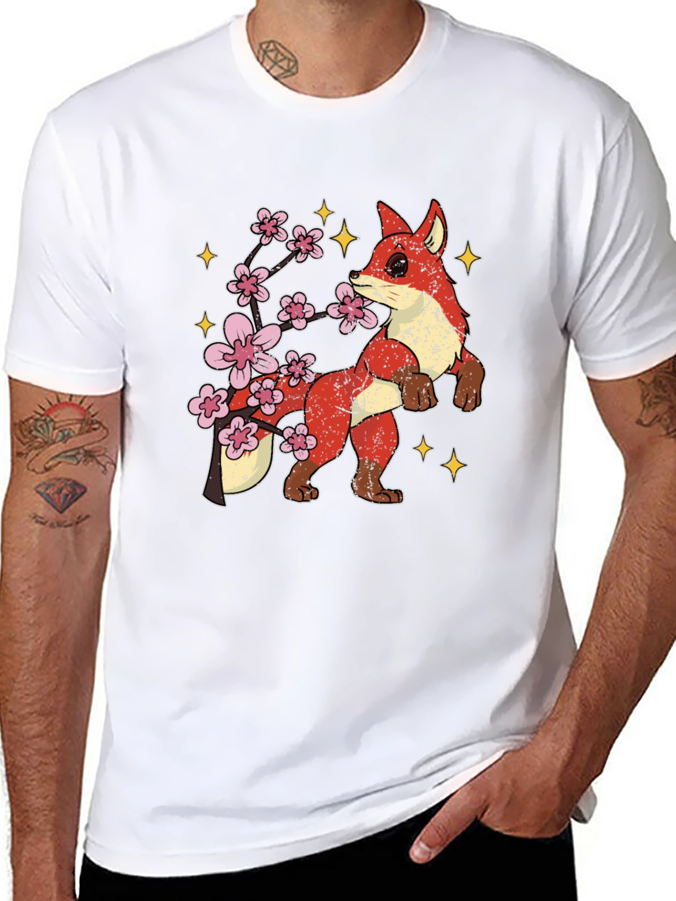 Fox and Cherry Blossom Graphic Tee - Black