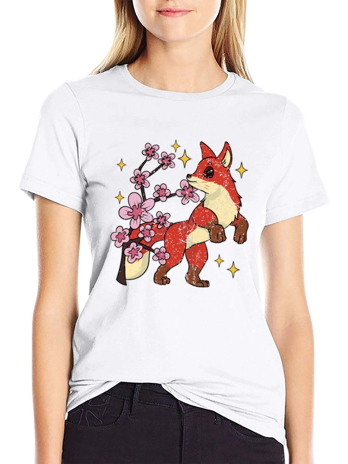 Fox and Cherry Blossom Graphic Tee - Black