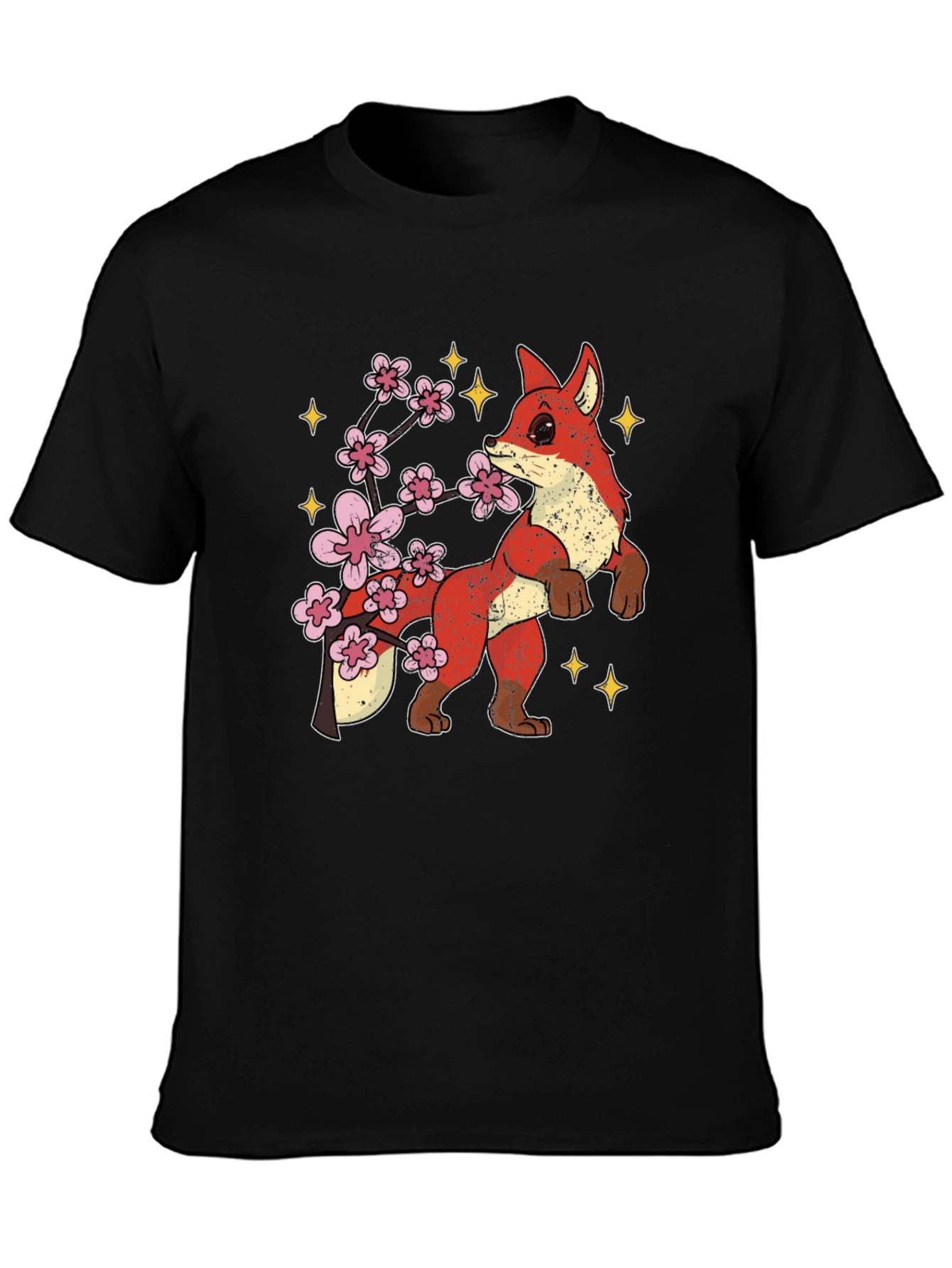 Fox and Cherry Blossom Graphic Tee - Black