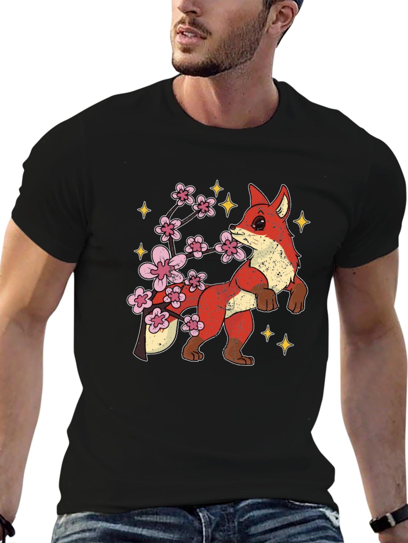 Fox and Cherry Blossom Graphic Tee - Black