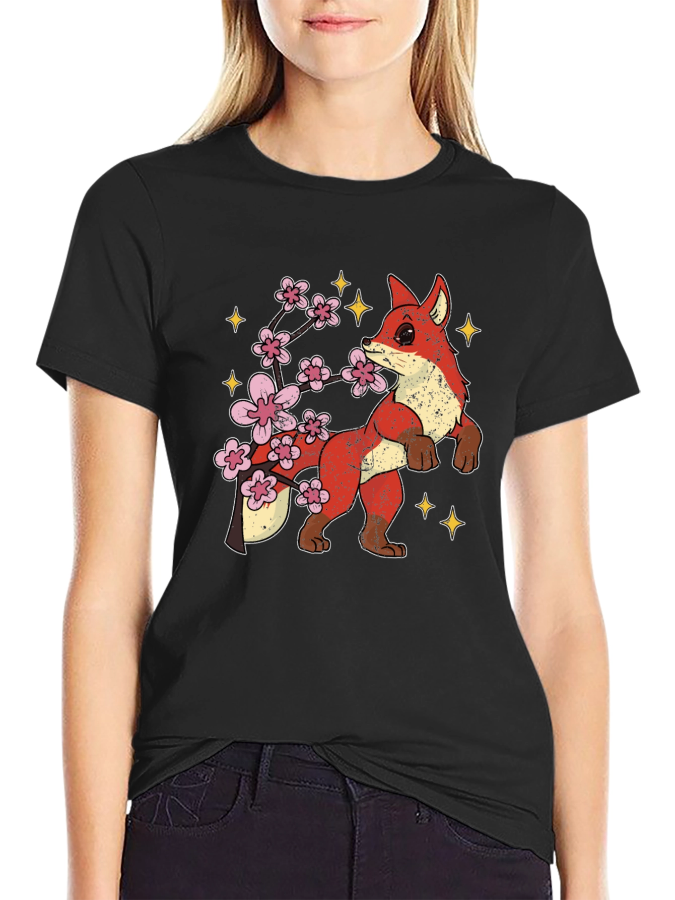 Fox and Cherry Blossom Graphic Tee - Black