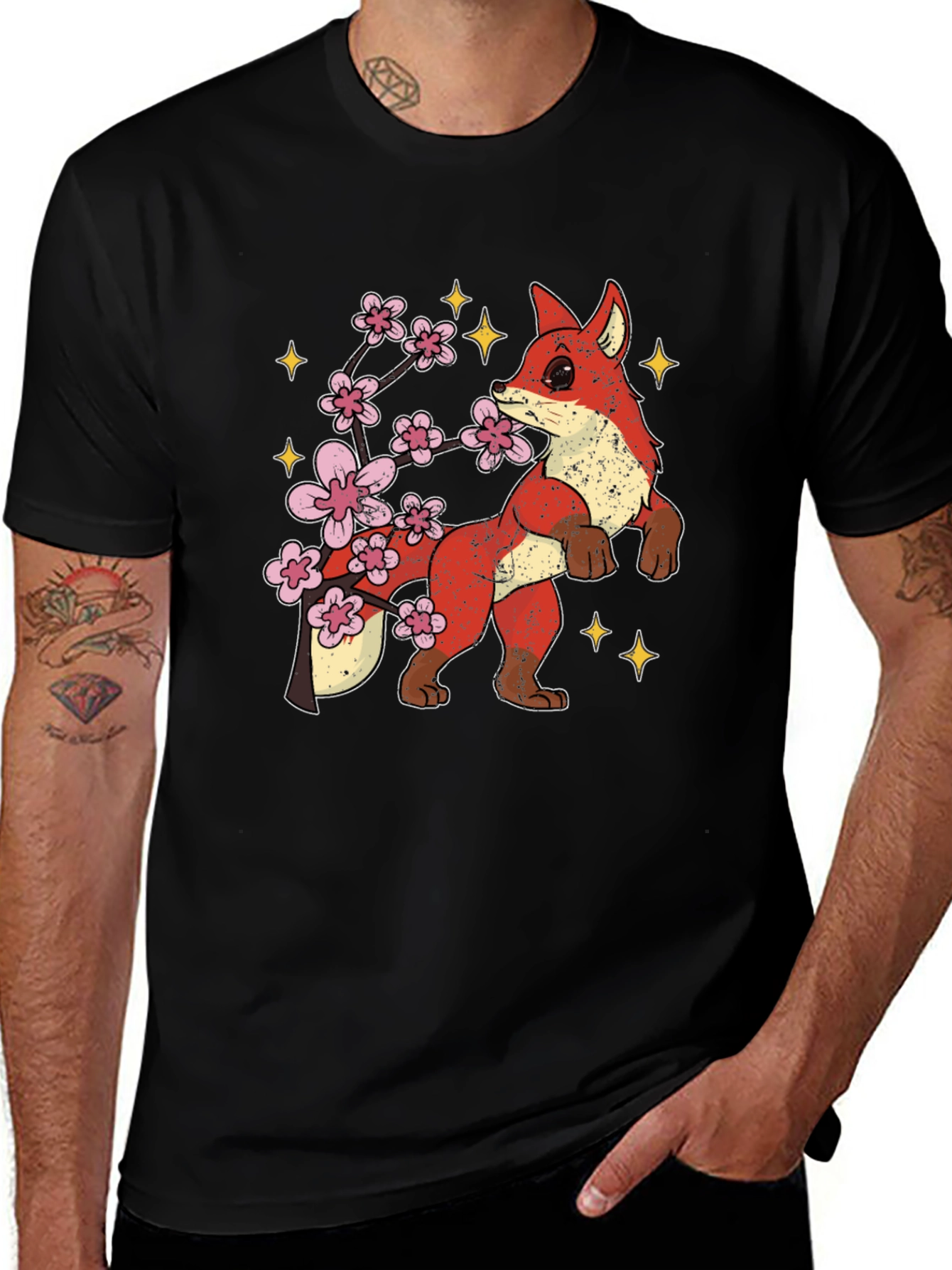 Fox and Cherry Blossom Graphic Tee - Black