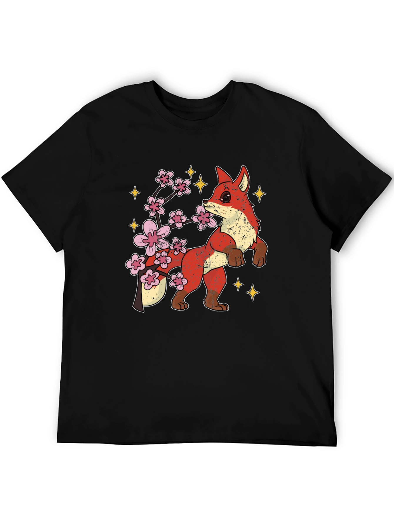 Fox and Cherry Blossom Graphic Tee - Black