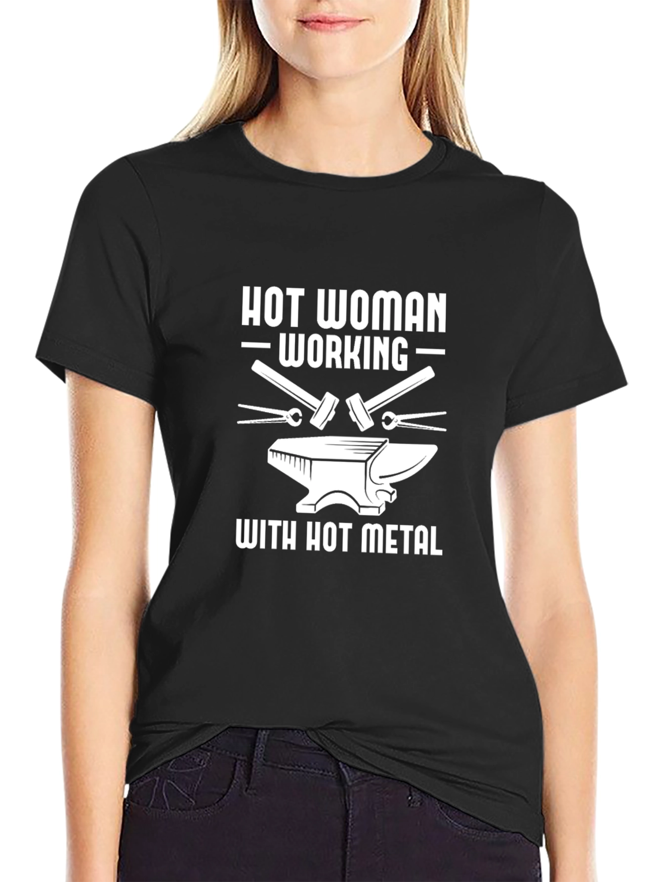 Hot Woman Working with Hot Metal Black T-Shirt