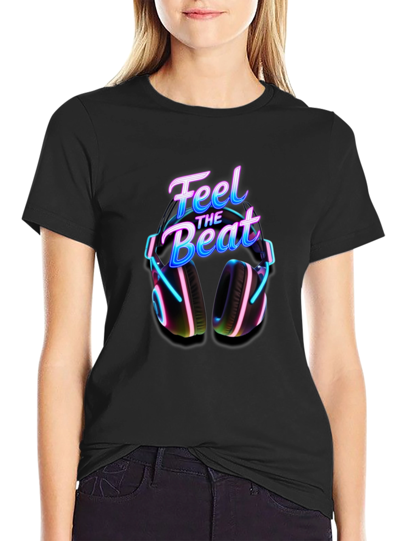 Feel the Beat T-Shirt with Headphone Graphic