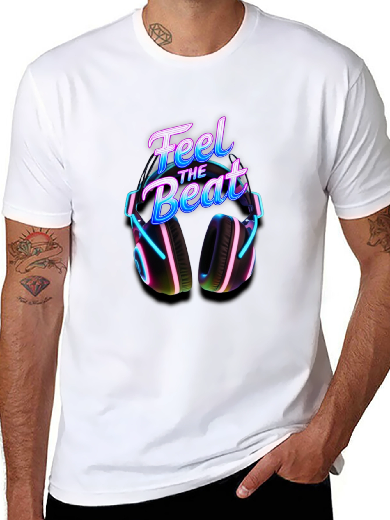 Feel the Beat T-Shirt with Headphone Graphic
