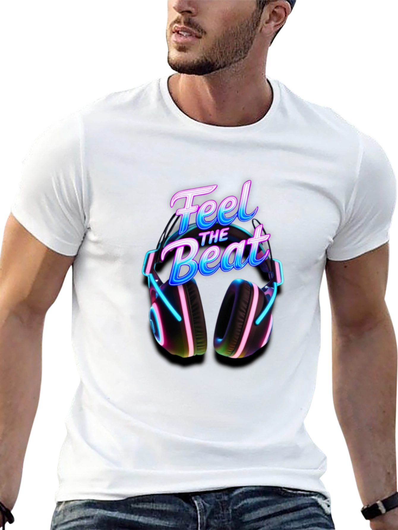 Feel the Beat T-Shirt with Headphone Graphic