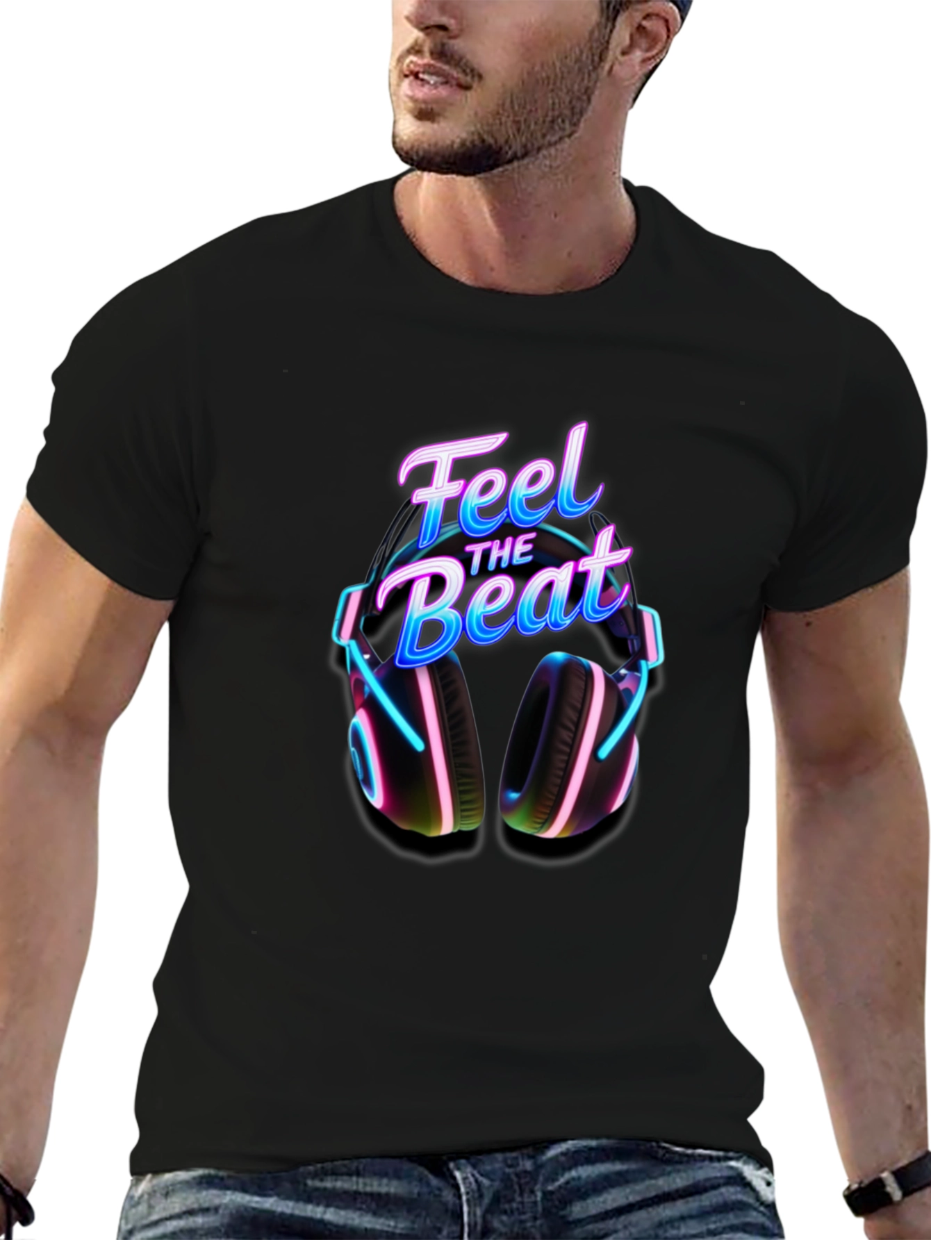 Feel the Beat T-Shirt with Headphone Graphic