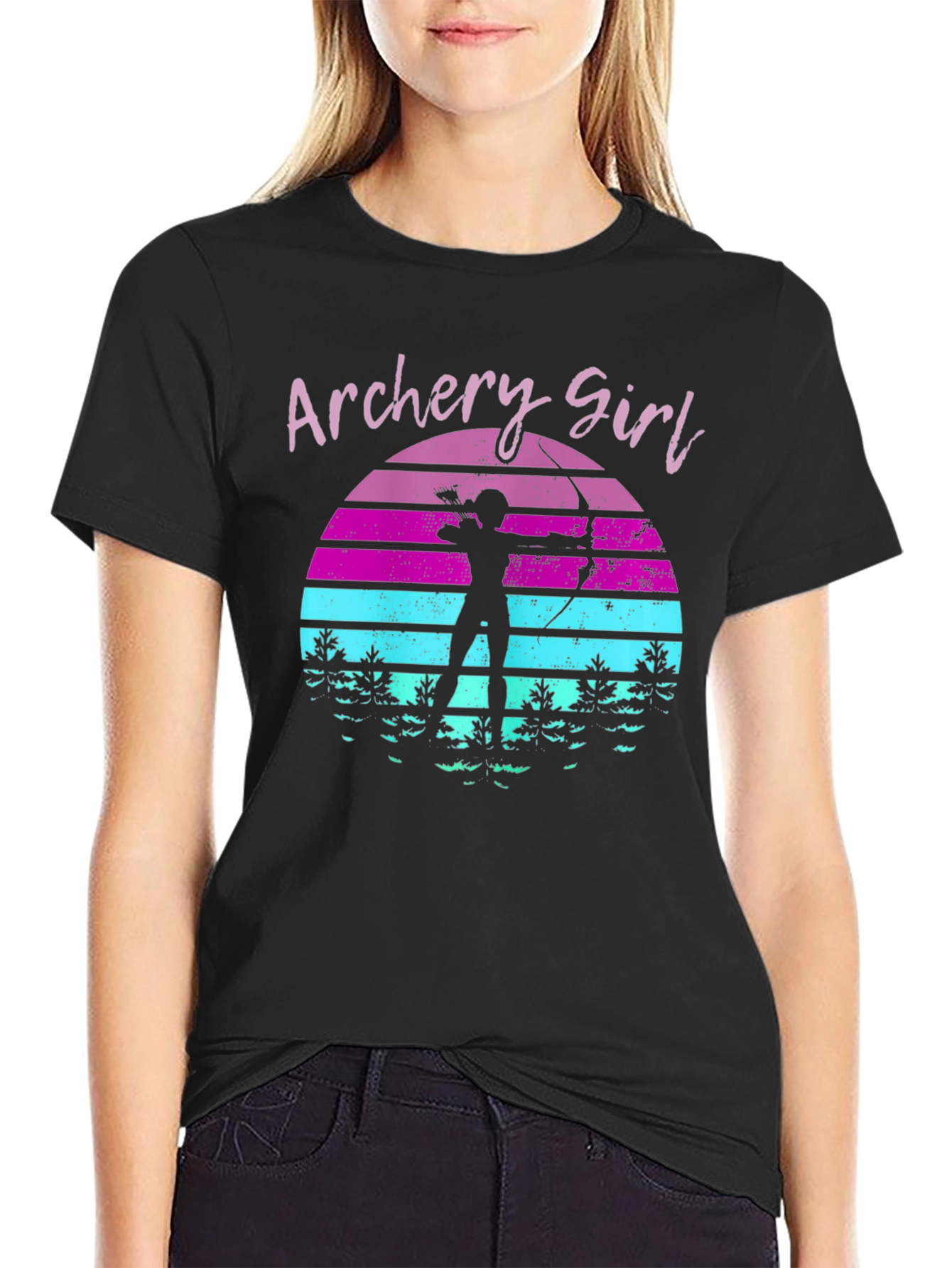 Archery Girl Retro Sunset Graphic T-Shirt
