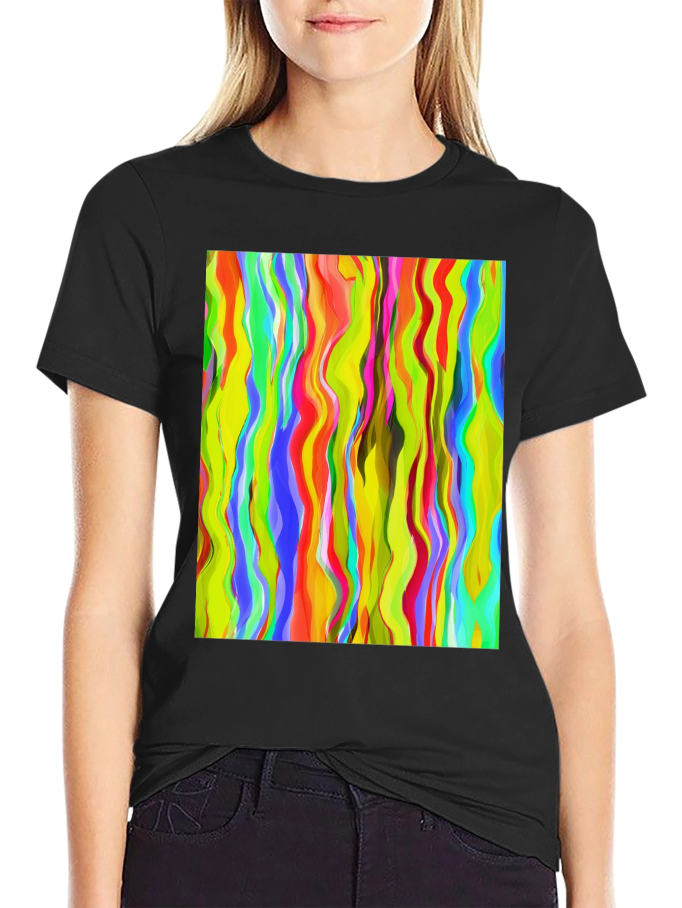 Vibrant Abstract Wave Print Black T-Shirt