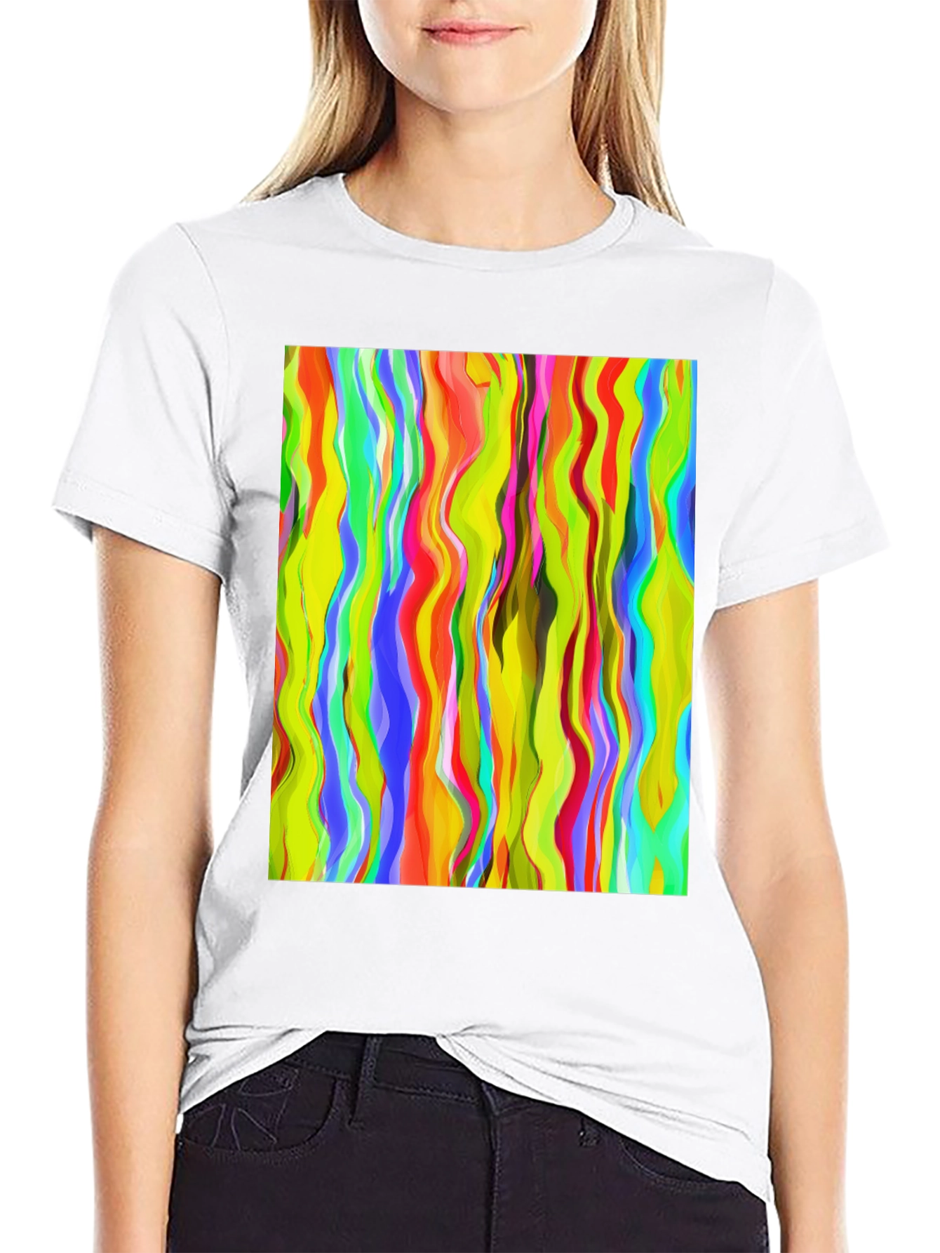 Vibrant Abstract Wave Print Black T-Shirt