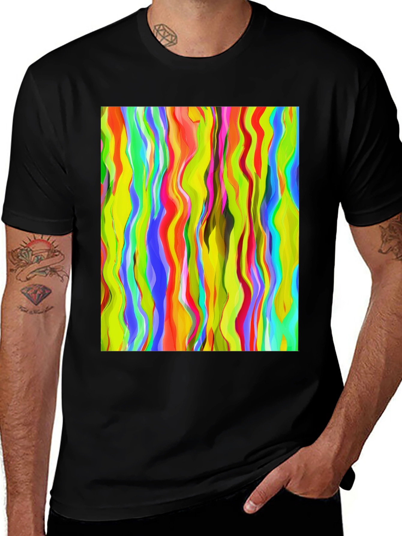 Vibrant Abstract Wave Print Black T-Shirt