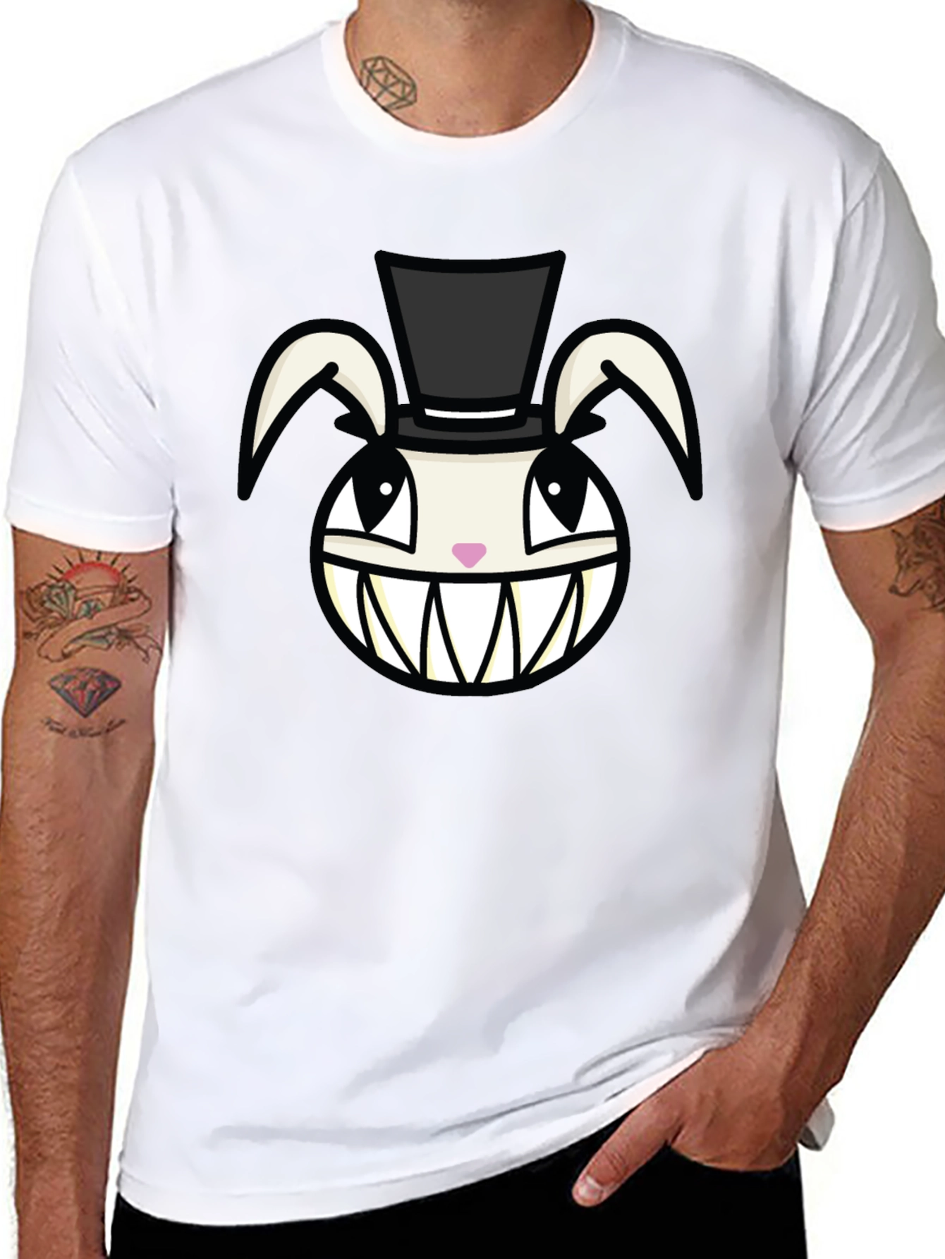 Creepy Rabbit Top Hat Graphic Tee - Black