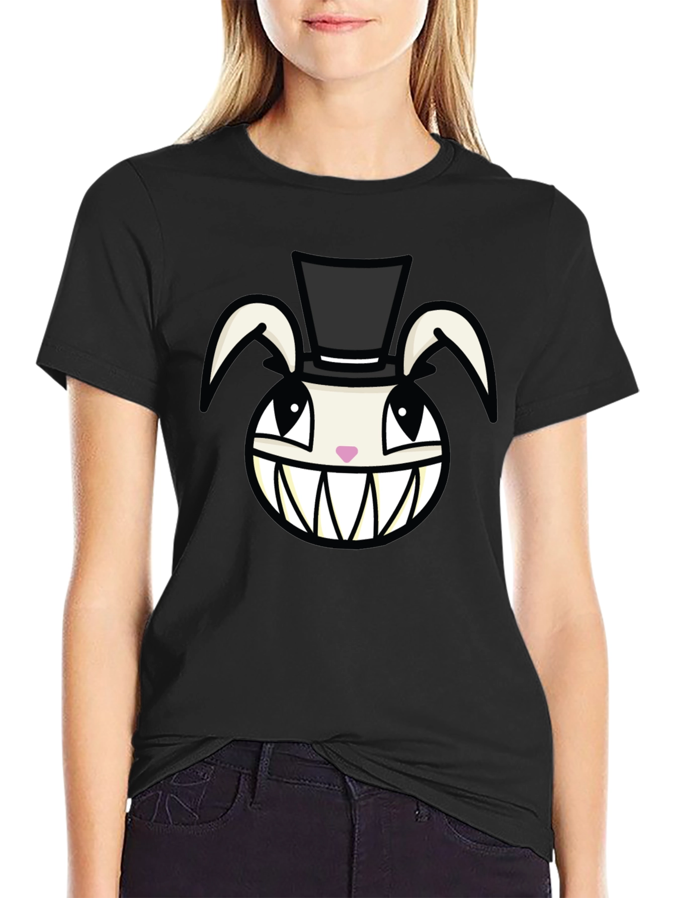 Creepy Rabbit Top Hat Graphic Tee - Black