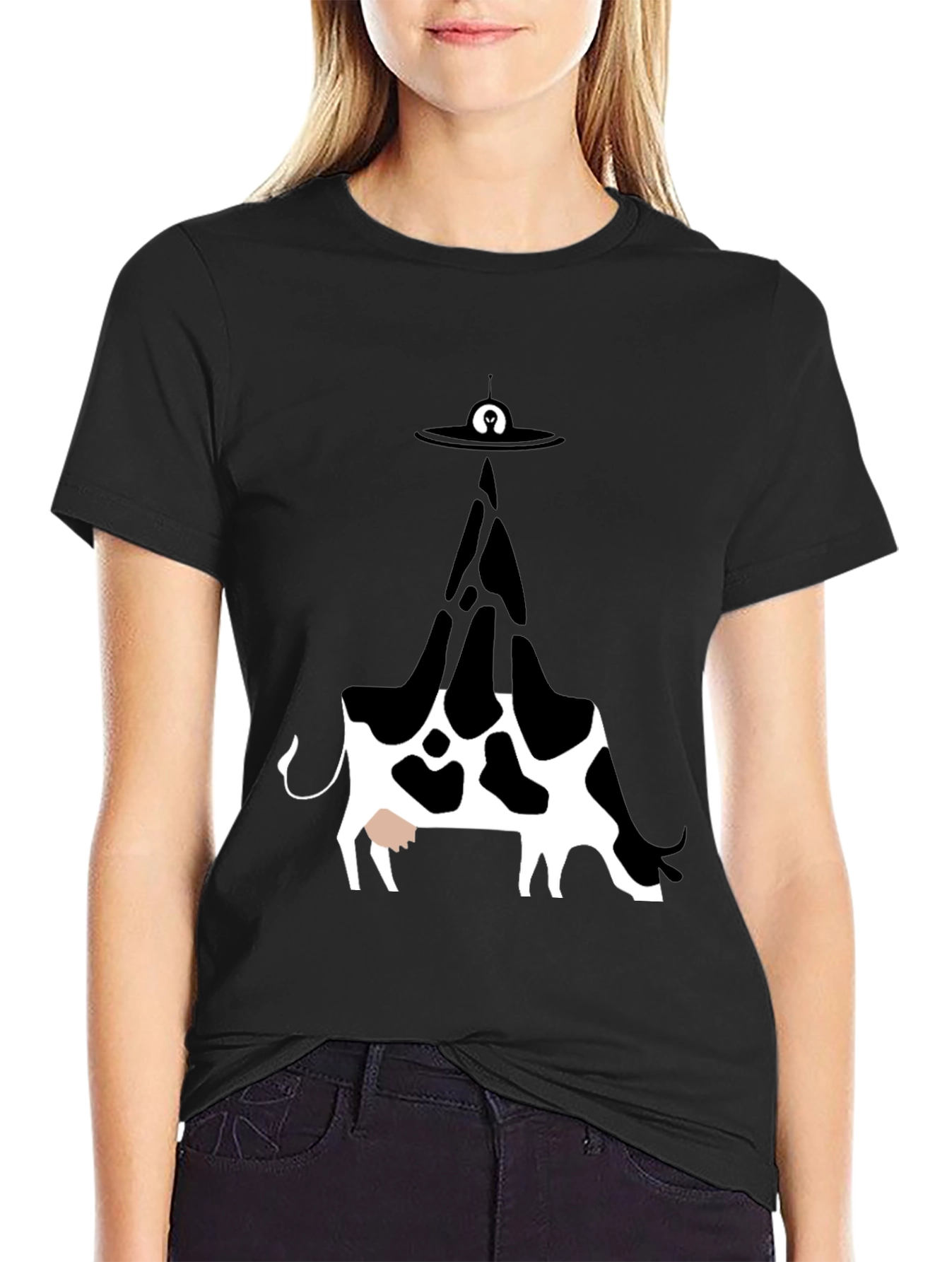 UFO Cow Abduction Graphic Tee - Black Cotton T-Shirt