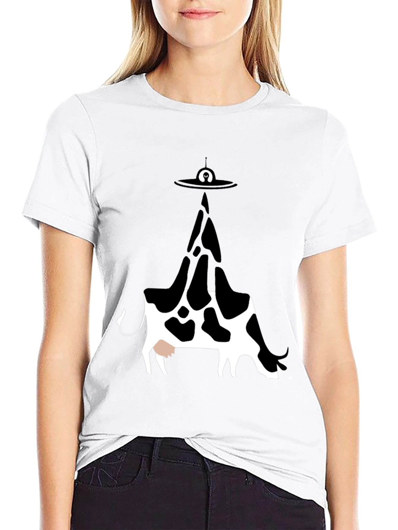 UFO Cow Abduction Graphic Tee - Black Cotton T-Shirt
