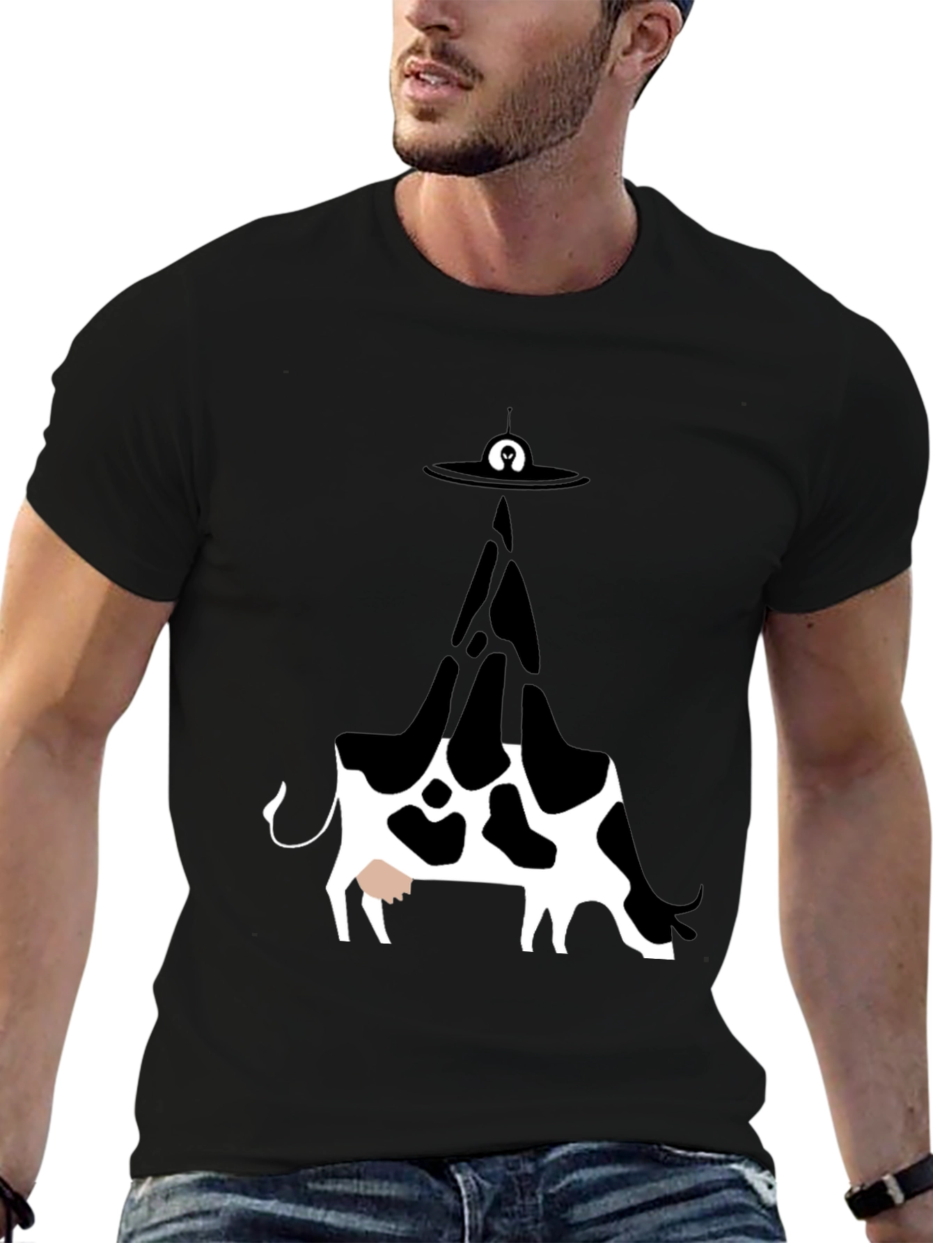 UFO Cow Abduction Graphic Tee - Black Cotton T-Shirt
