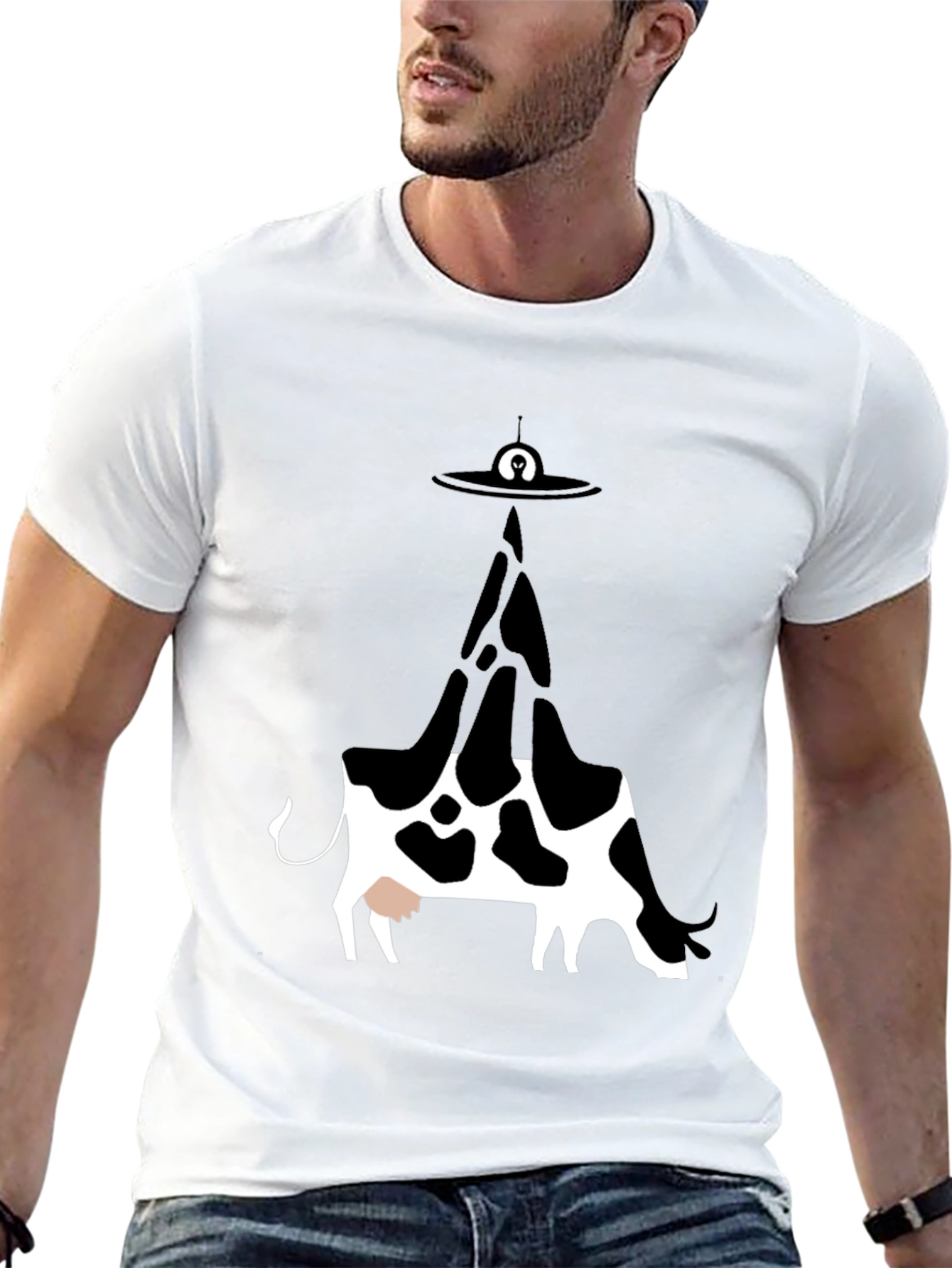 UFO Cow Abduction Graphic Tee - Black Cotton T-Shirt