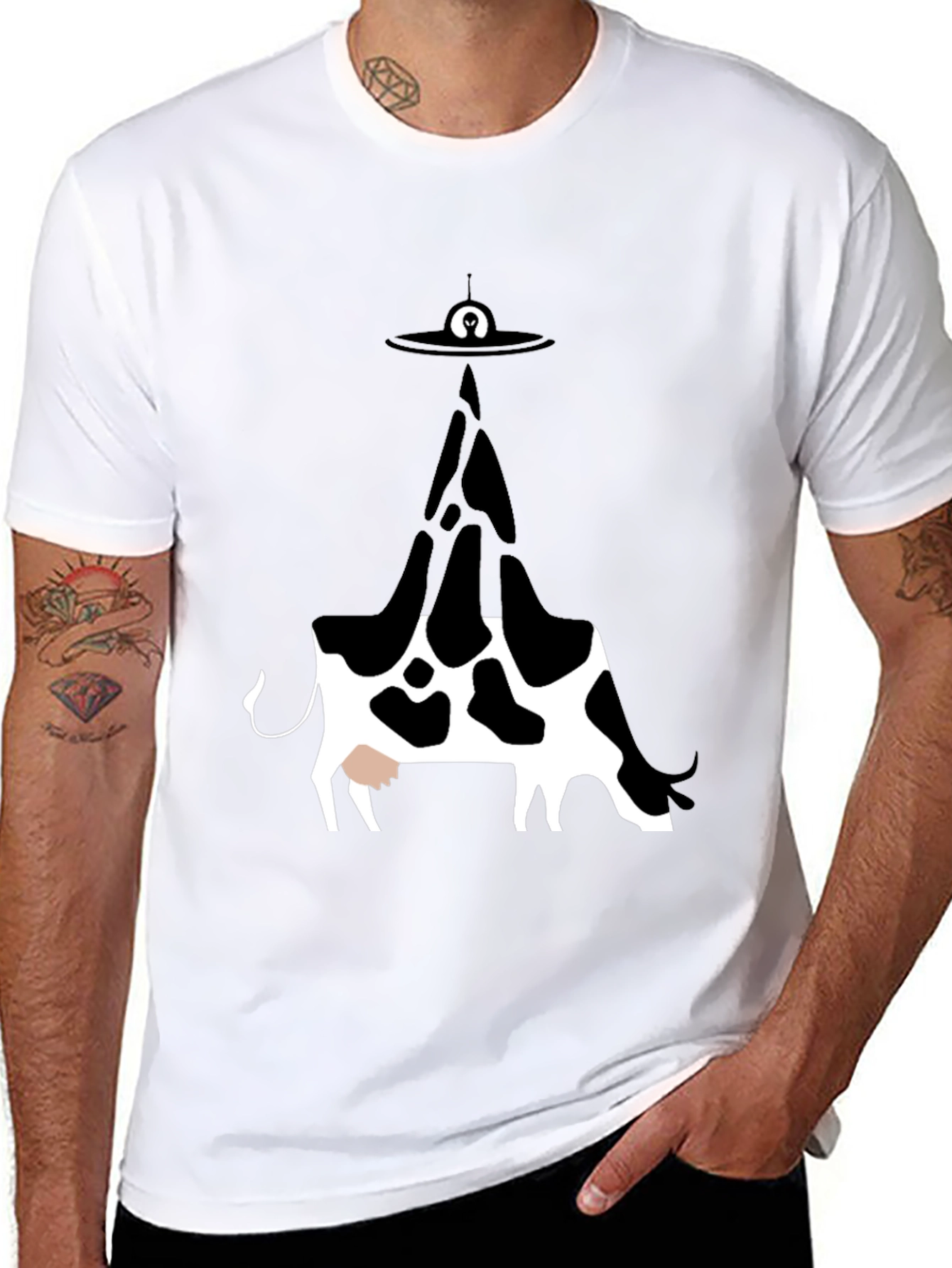 UFO Cow Abduction Graphic Tee - Black Cotton T-Shirt