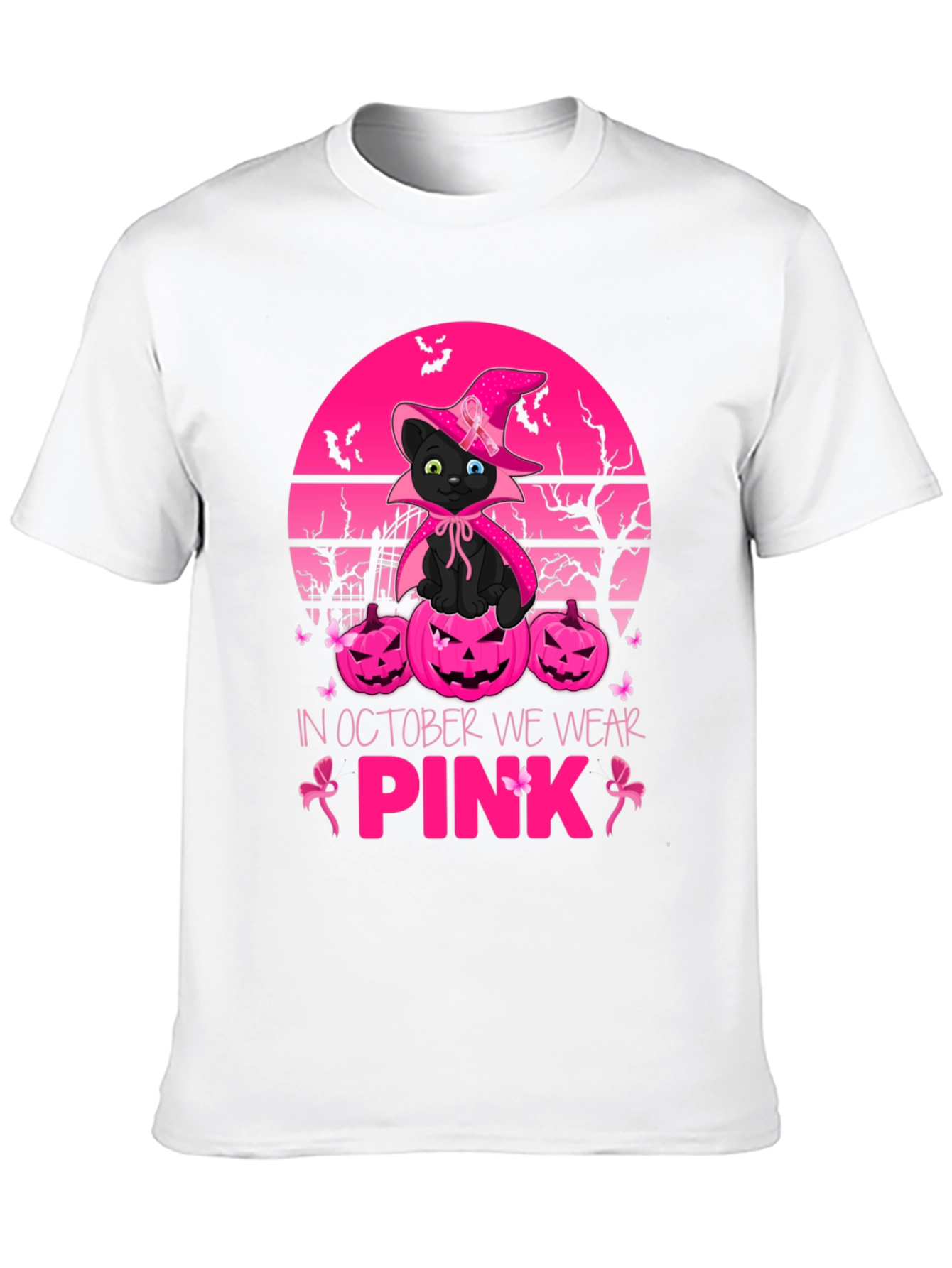 October We Wear Pink Black Cat Witch T-Shirt