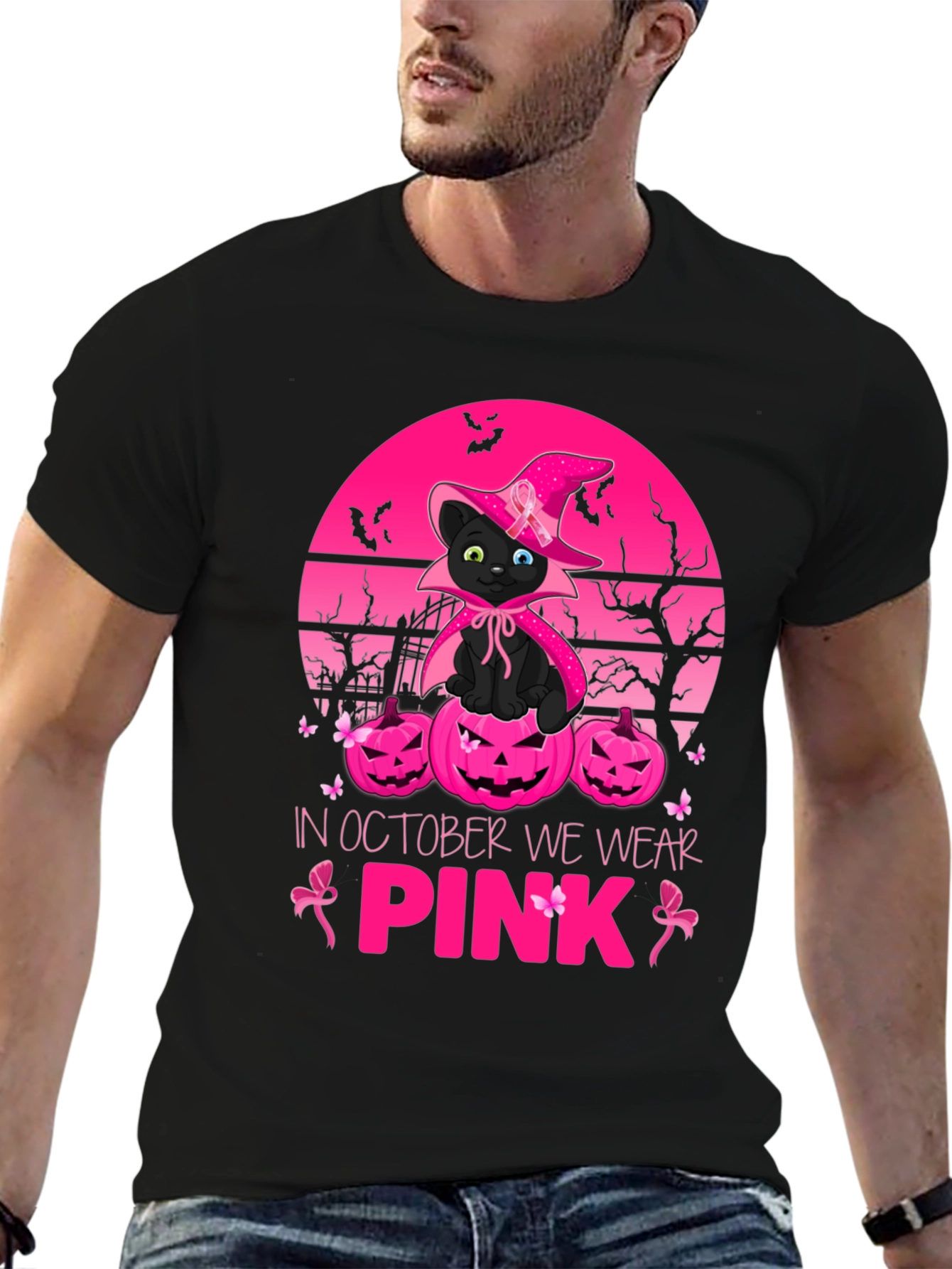October We Wear Pink Black Cat Witch T-Shirt