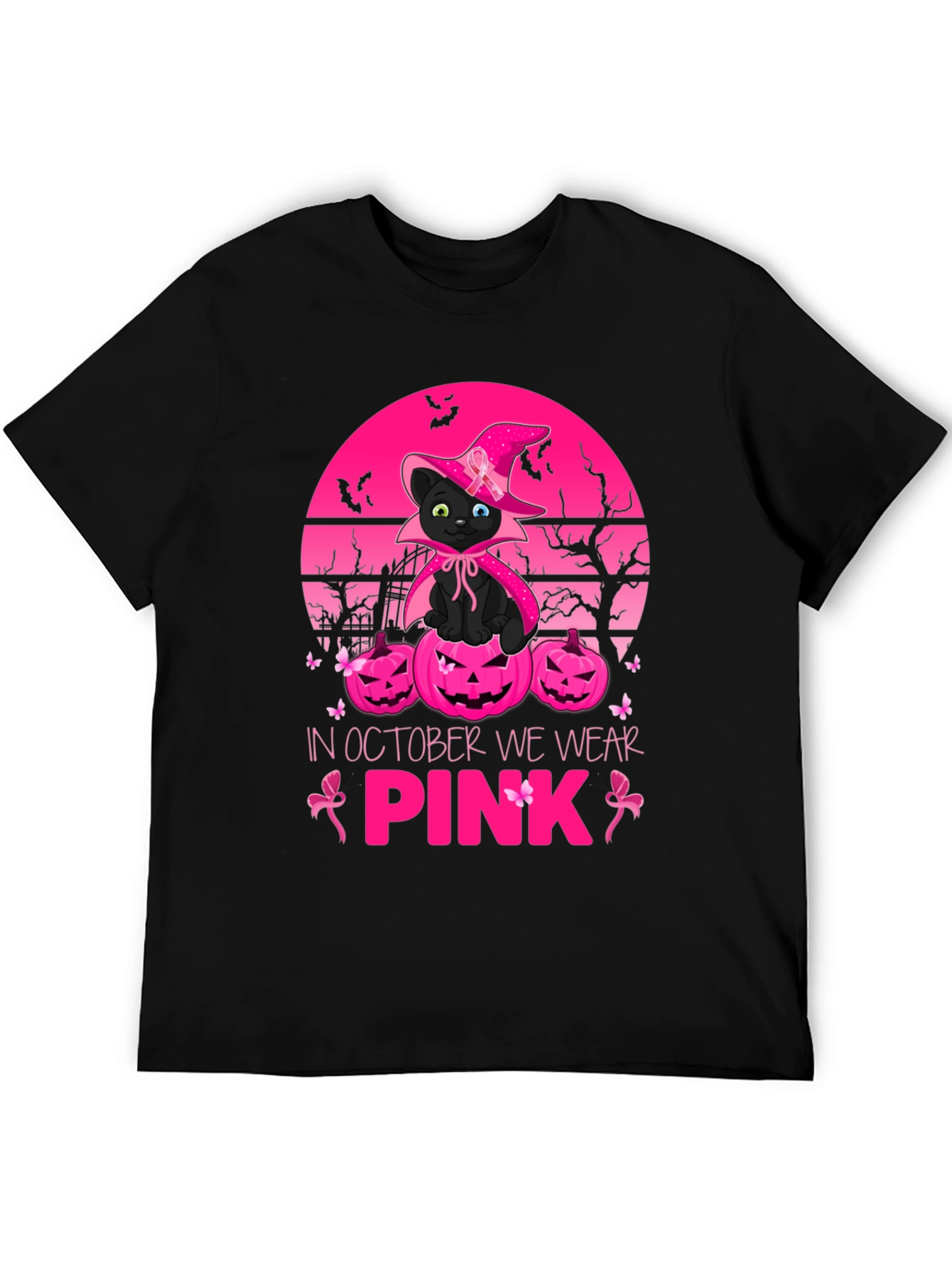 October We Wear Pink Black Cat Witch T-Shirt