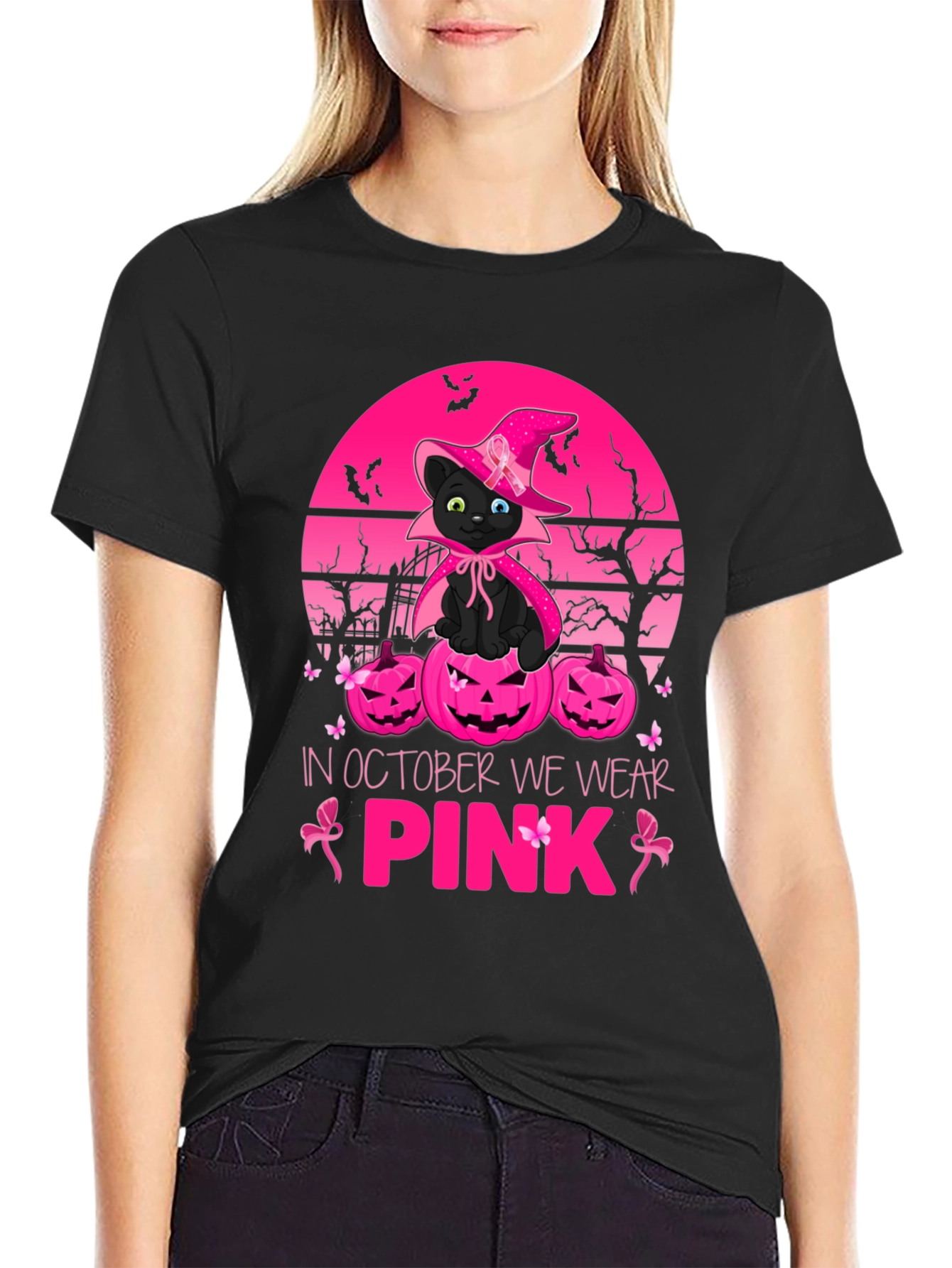 October We Wear Pink Black Cat Witch T-Shirt