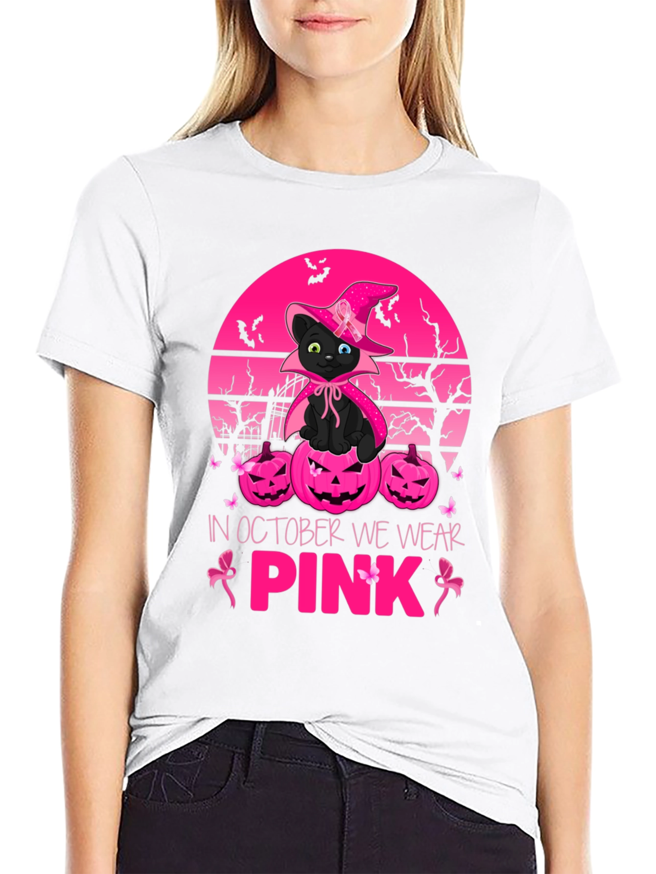 October We Wear Pink Black Cat Witch T-Shirt