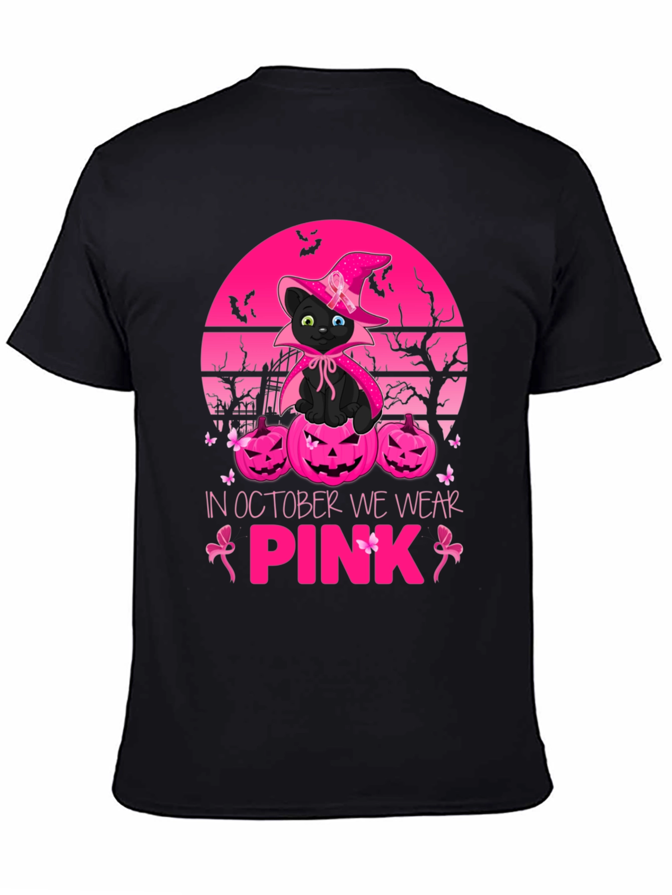 October We Wear Pink Black Cat Witch T-Shirt
