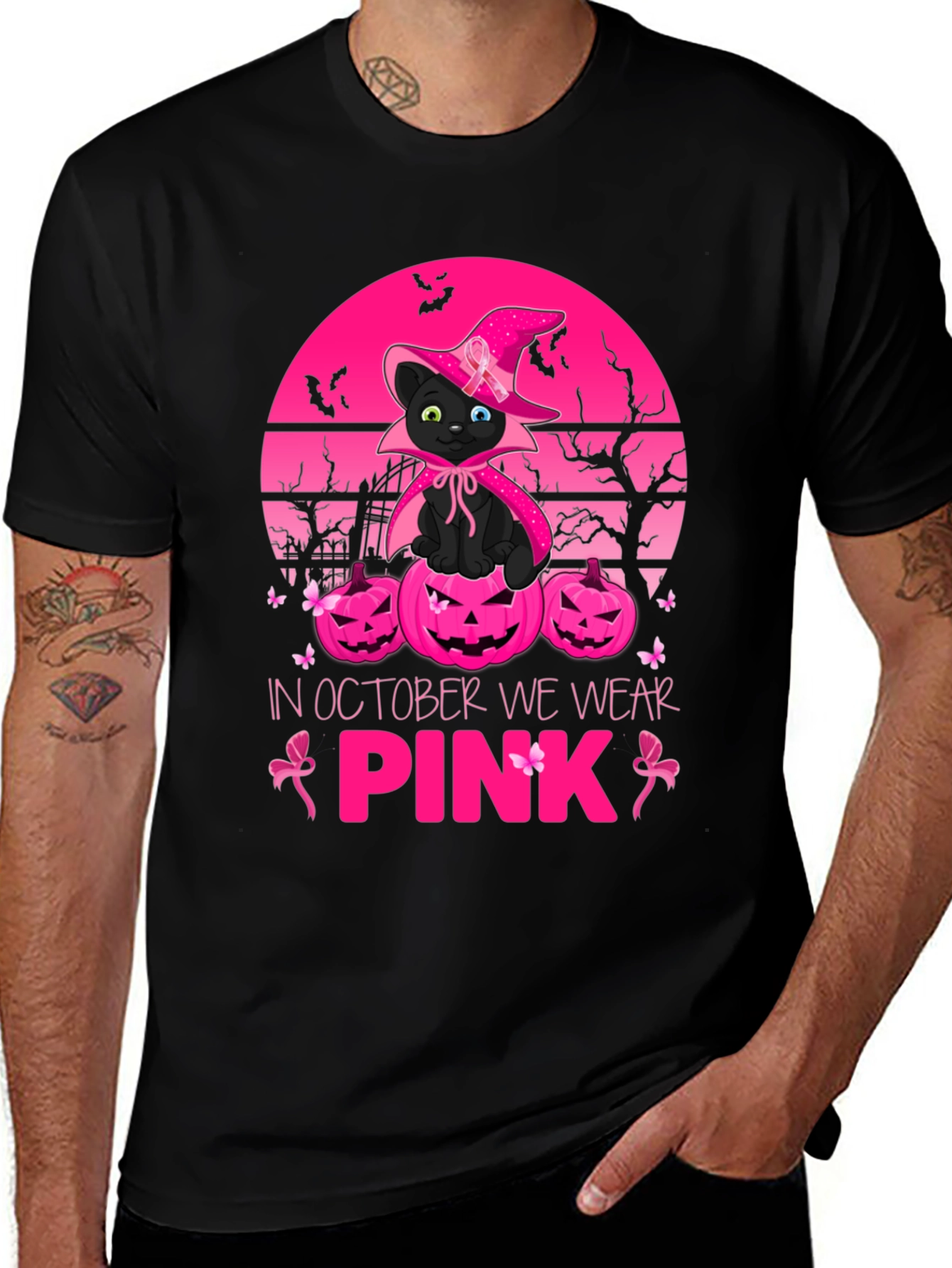 October We Wear Pink Black Cat Witch T-Shirt