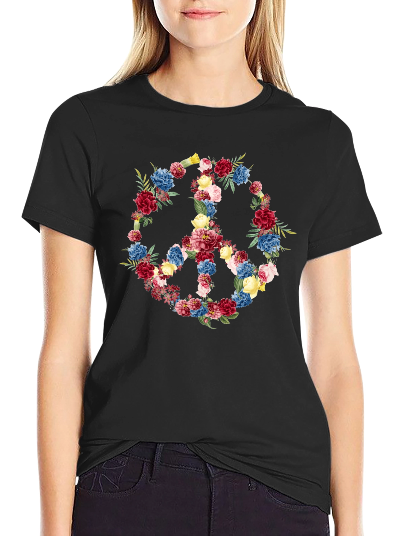 Floral Peace Sign Black T-Shirt