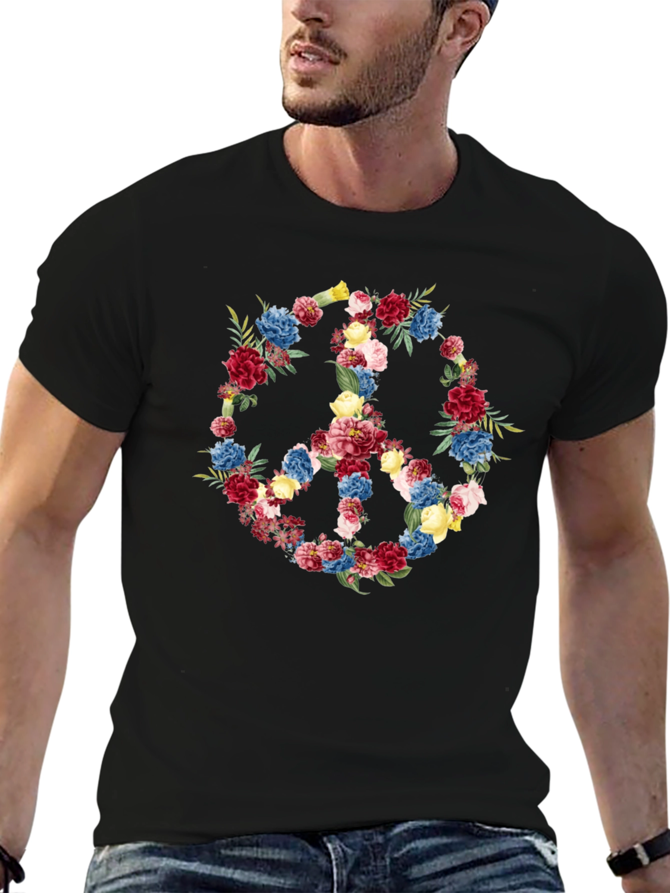 Floral Peace Sign Black T-Shirt