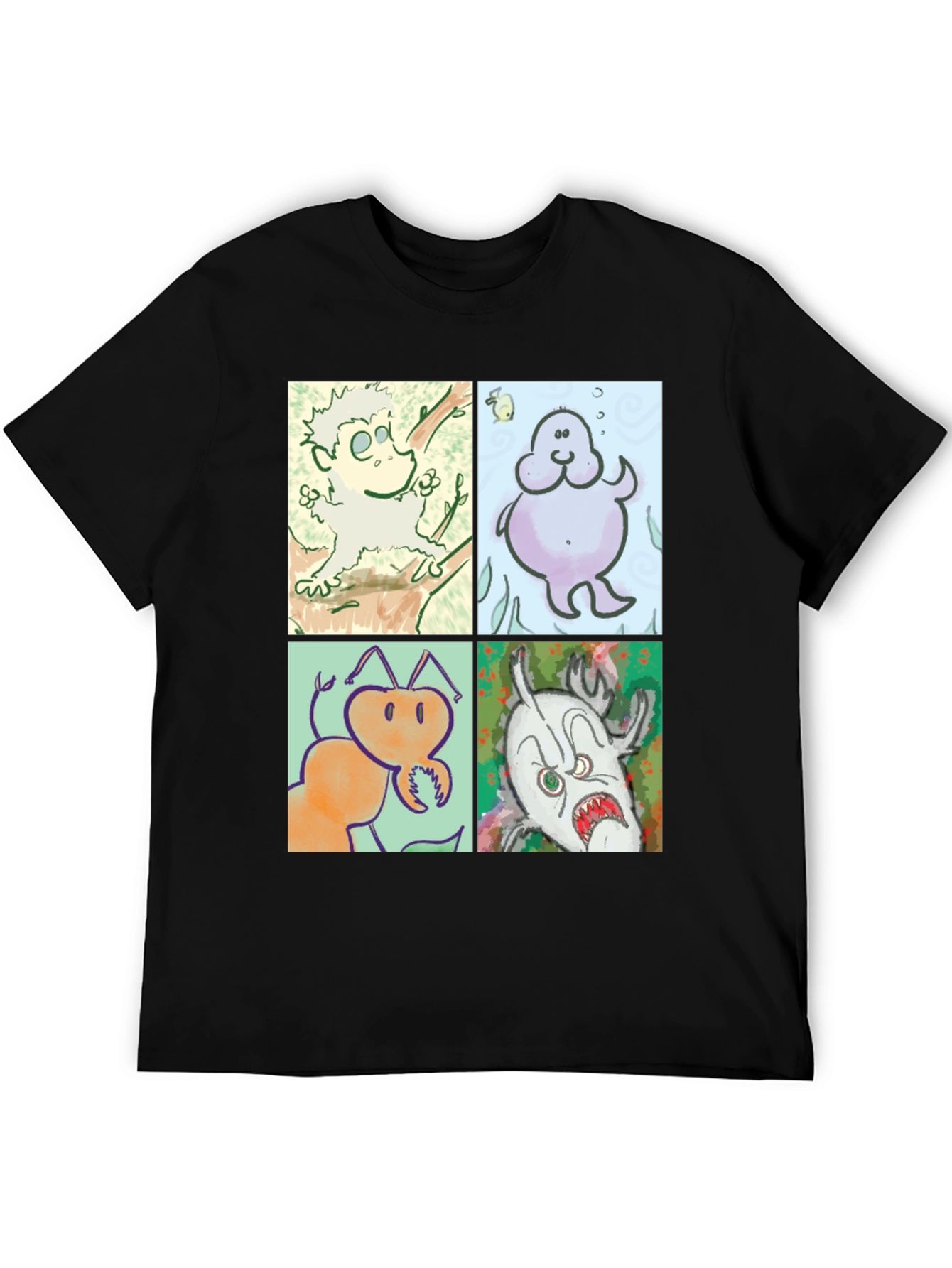Cartoon Character Print Black Cotton T-Shirt