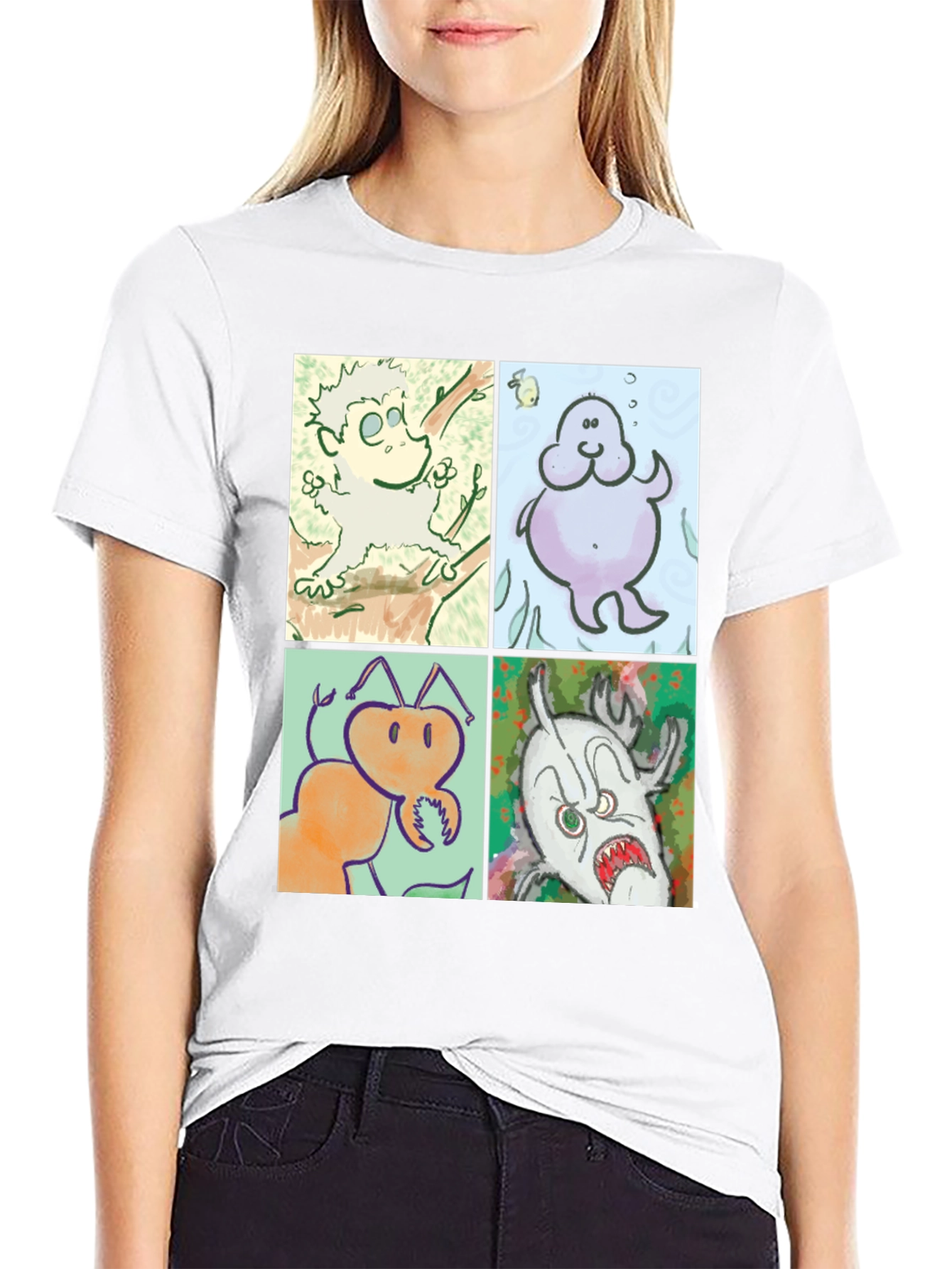Cartoon Character Print Black Cotton T-Shirt