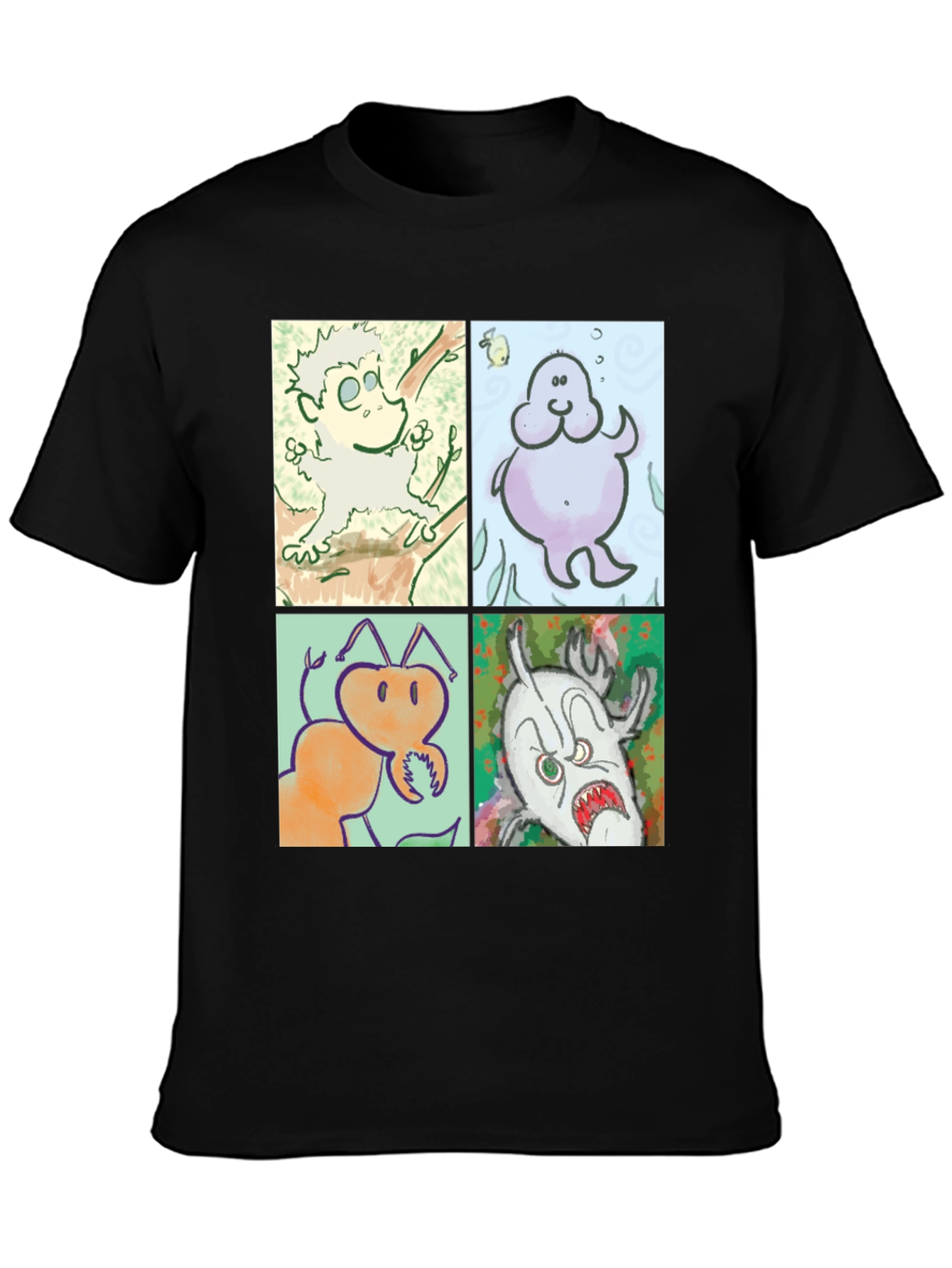 Cartoon Character Print Black Cotton T-Shirt