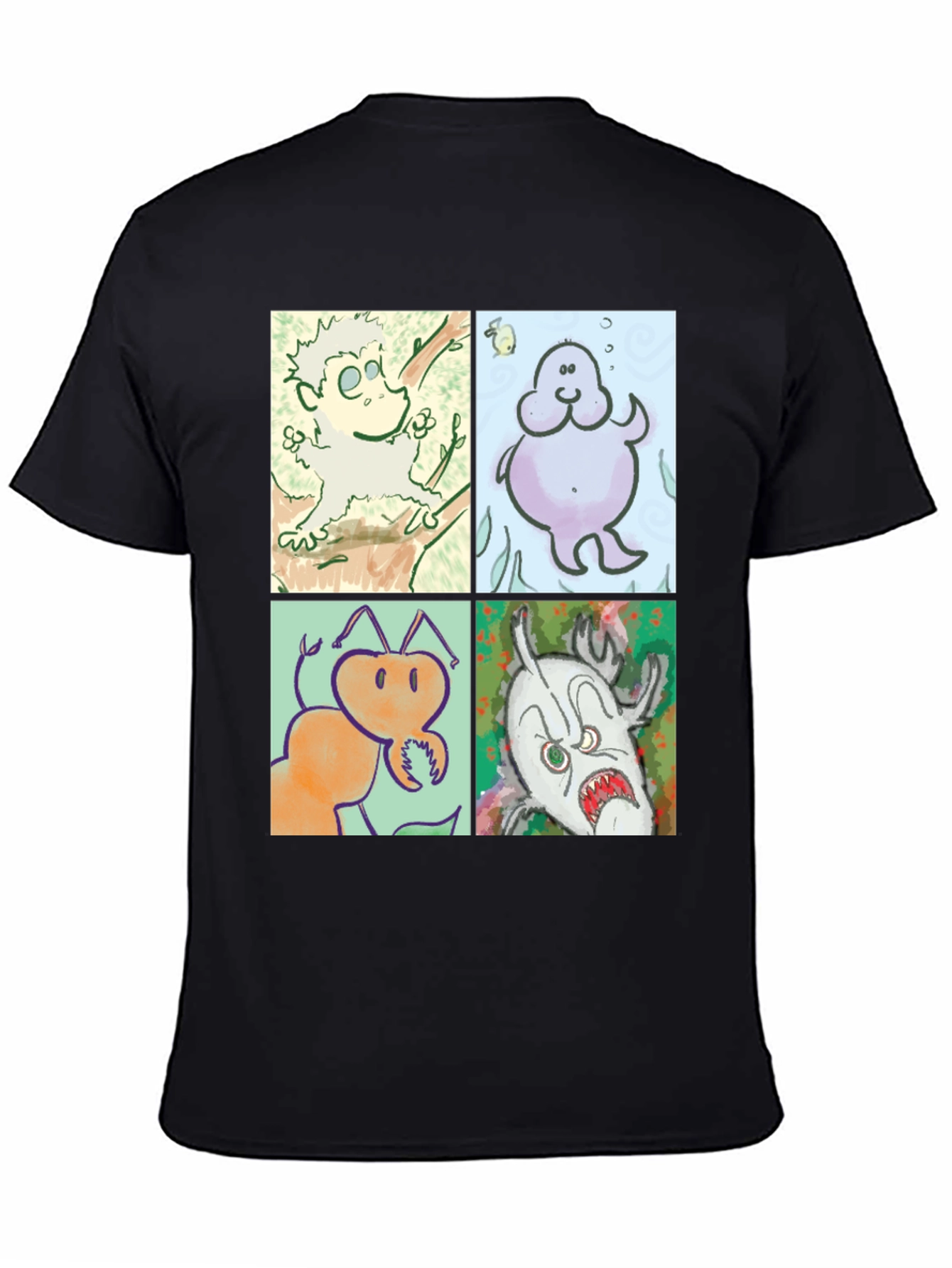 Cartoon Character Print Black Cotton T-Shirt