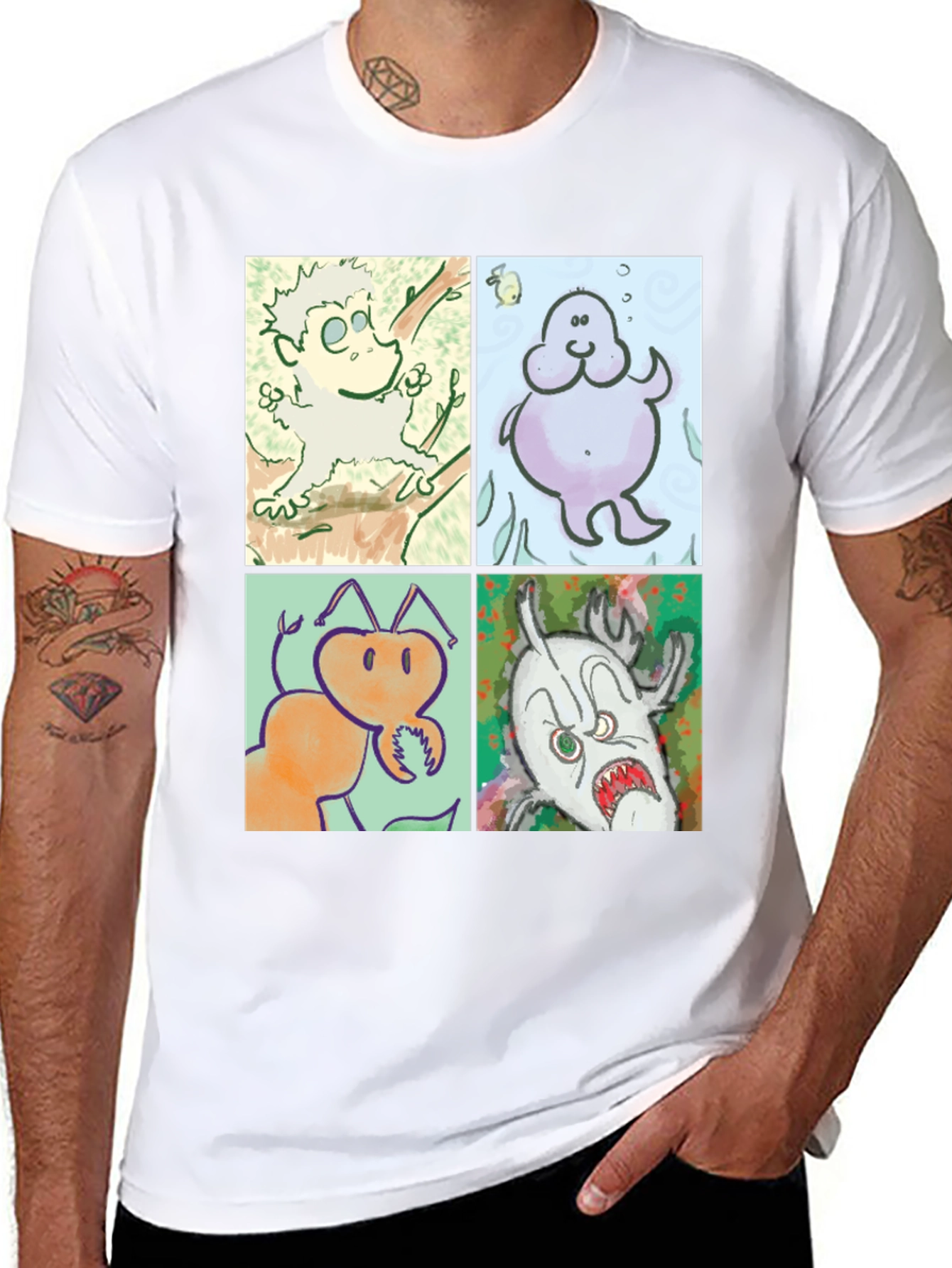Cartoon Character Print Black Cotton T-Shirt