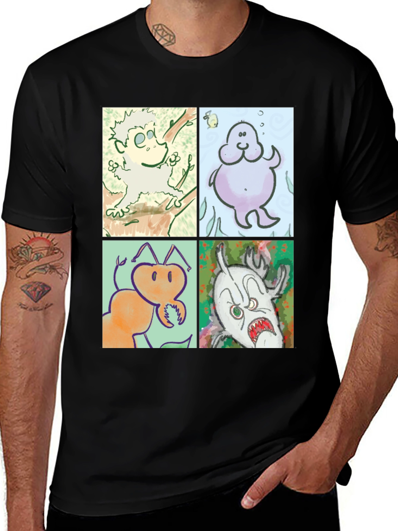 Cartoon Character Print Black Cotton T-Shirt
