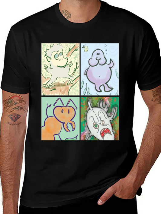 Cartoon Character Print Black Cotton T-Shirt