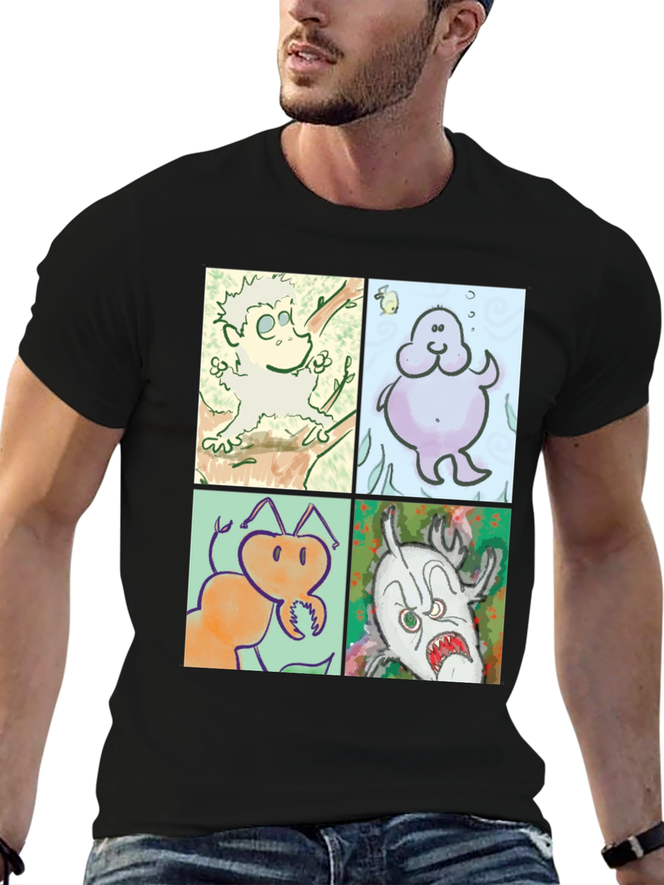 Cartoon Character Print Black Cotton T-Shirt