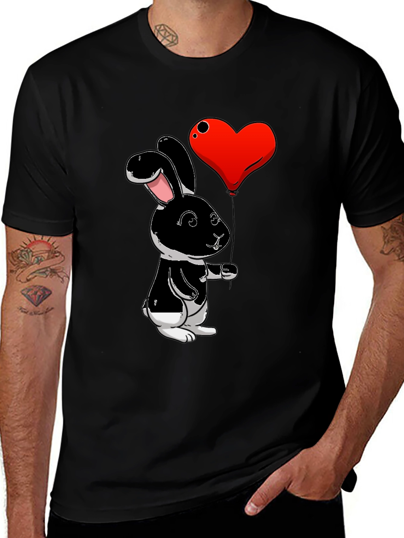 Black Bunny Heart Balloon Graphic T-Shirt