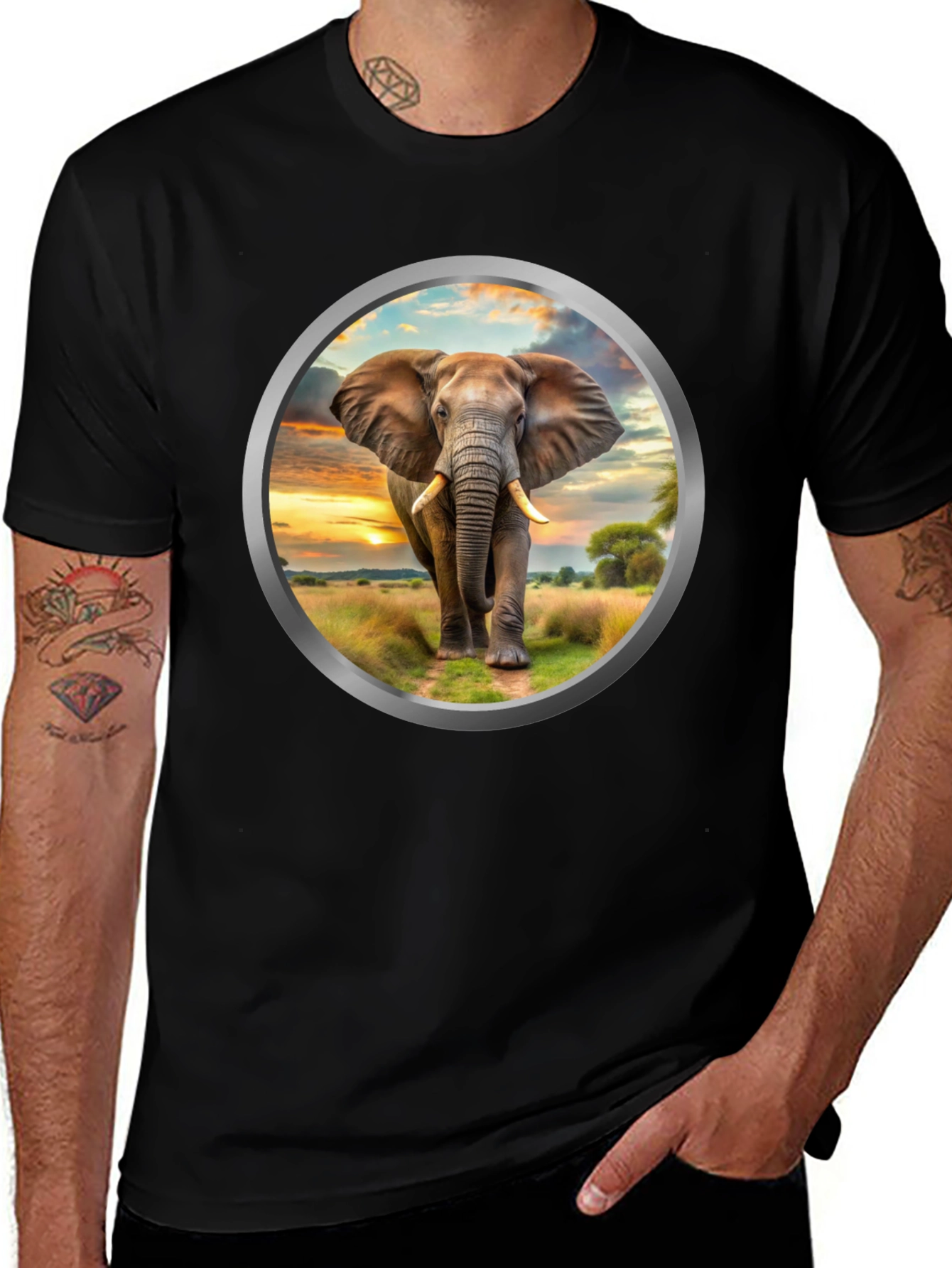 Elephant Sunset Graphic Tee - Black Cotton Blend