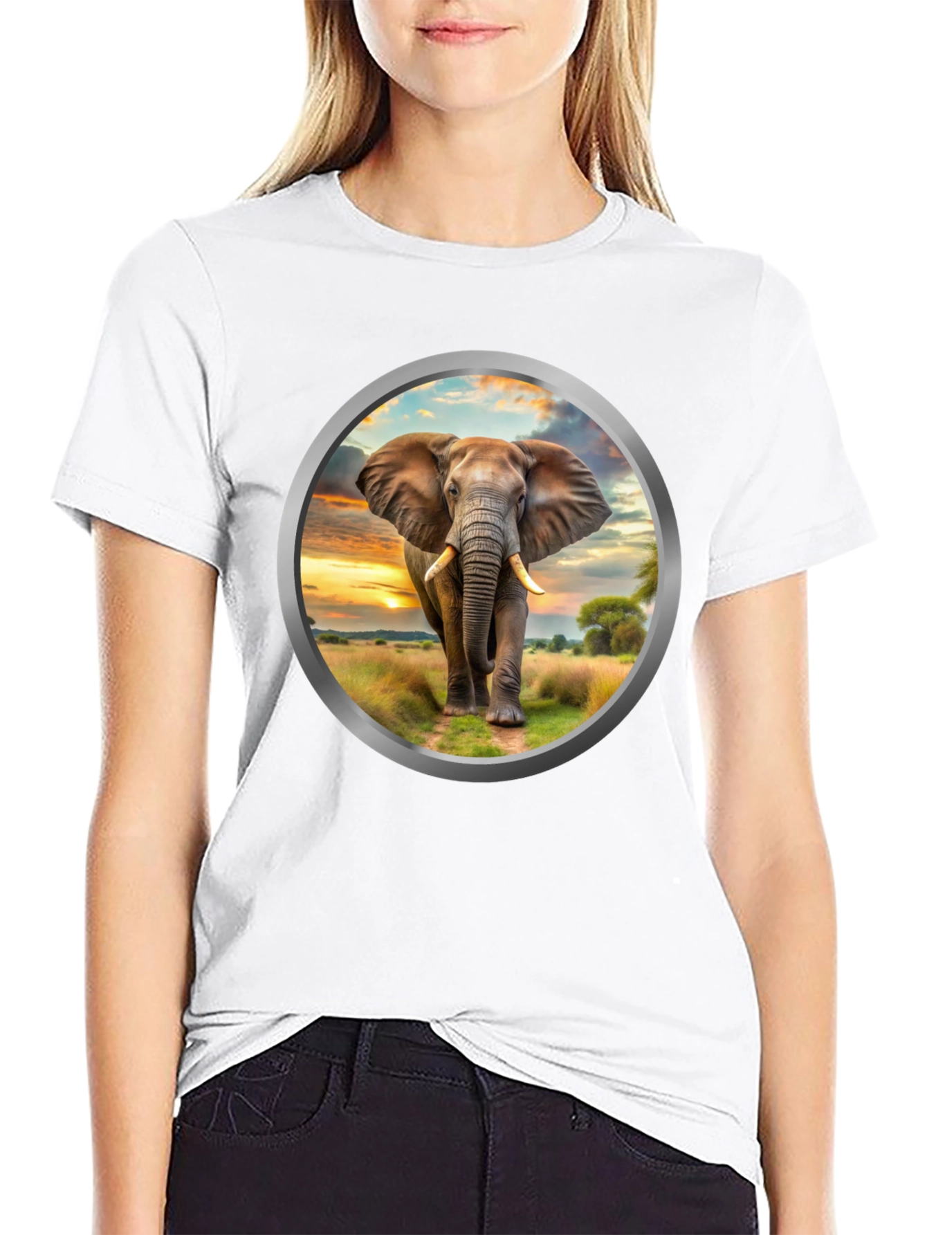 Elephant Sunset Graphic Tee - Black Cotton Blend