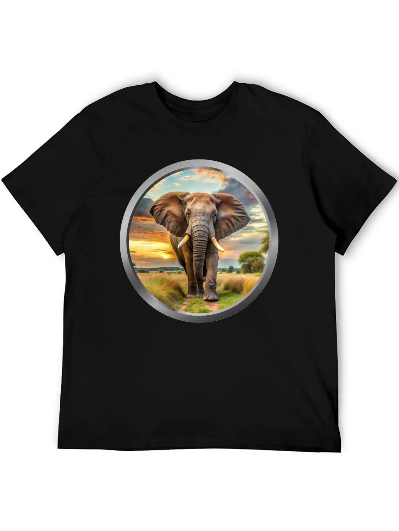 Elephant Sunset Graphic Tee - Black Cotton Blend
